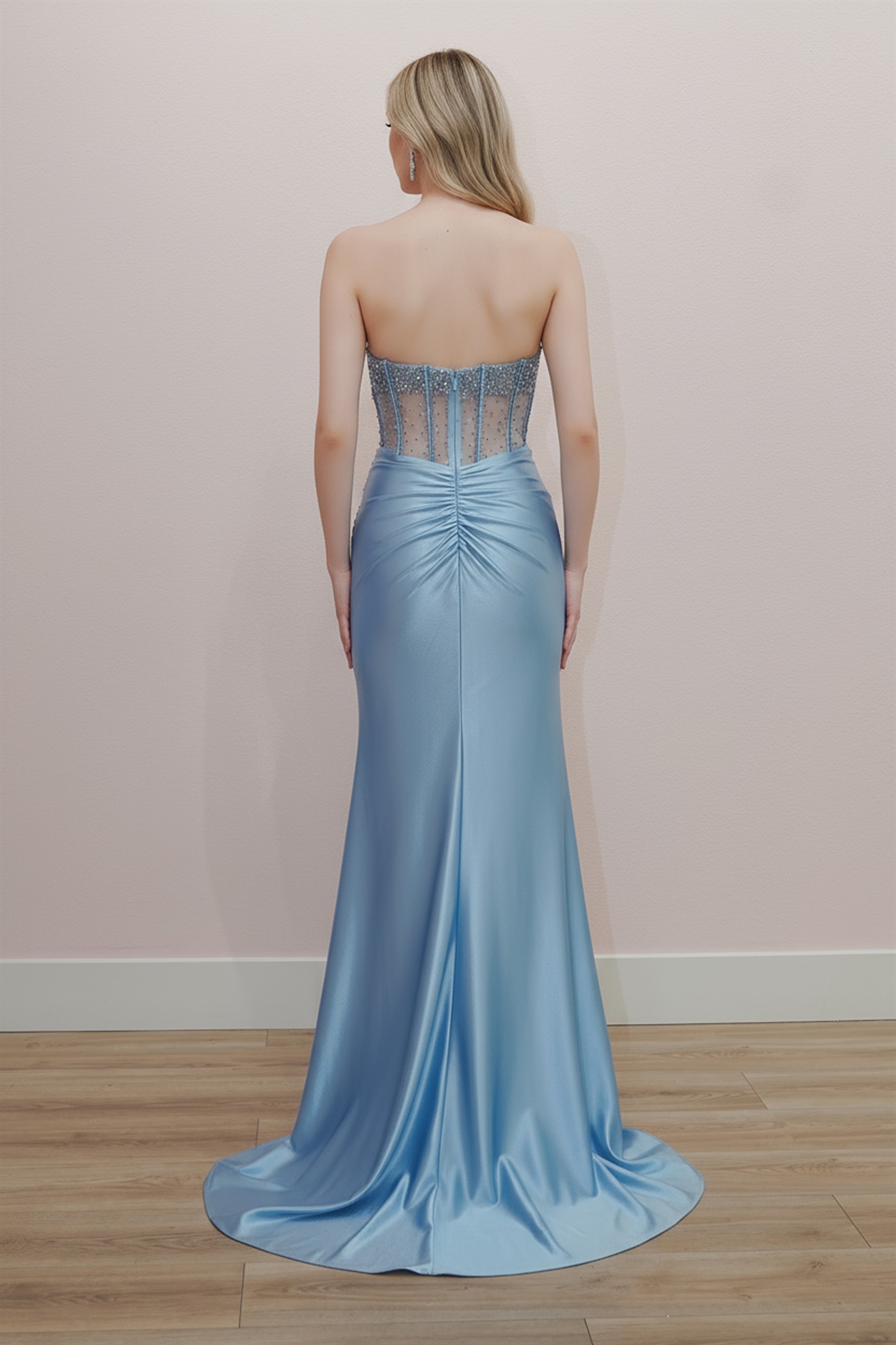 Strapless V Neckline Adorned Silver Stones Beads Prom Dress #K1731