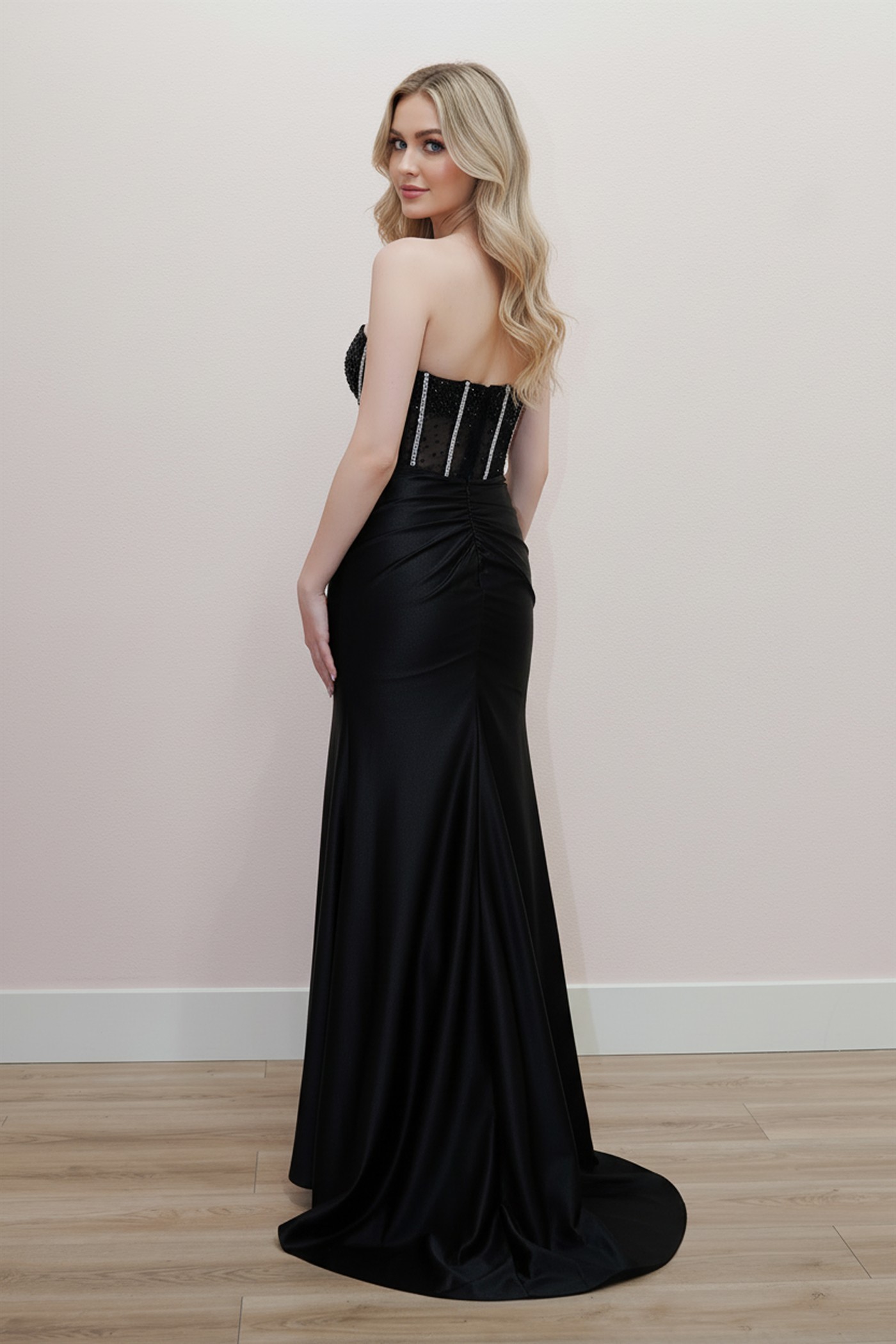 Strapless V Neckline Adorned Silver Stones Beads Prom Dress #K1731