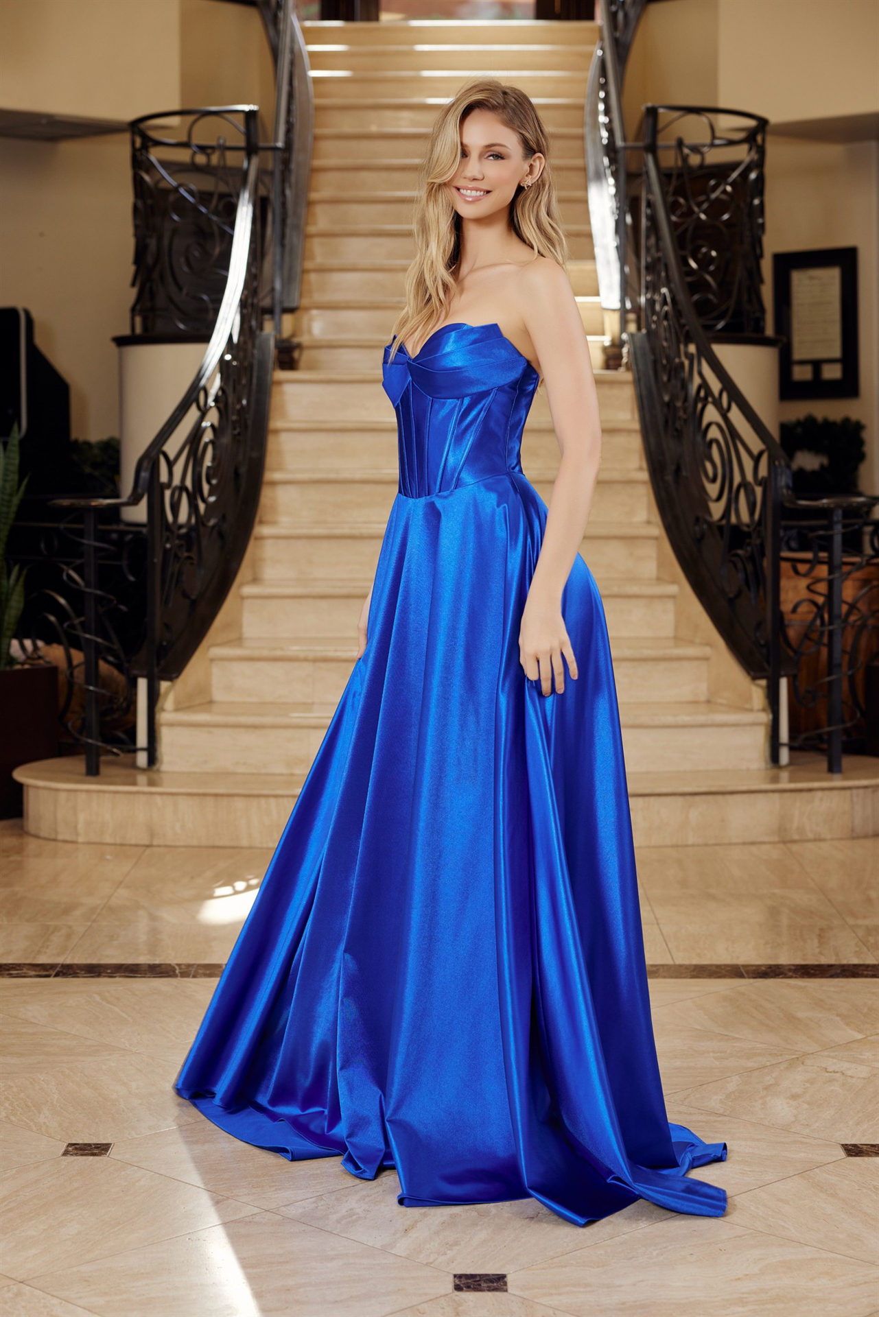 Shiny Satin Fit And Flare Sweetheart Pleaded Across Bustline Prom Dress #K1735