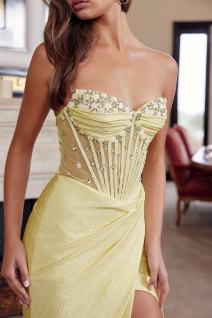 Fully Beaded Bodice Semi Sweetheart Bust Line High Slit Prom Dress #K1736