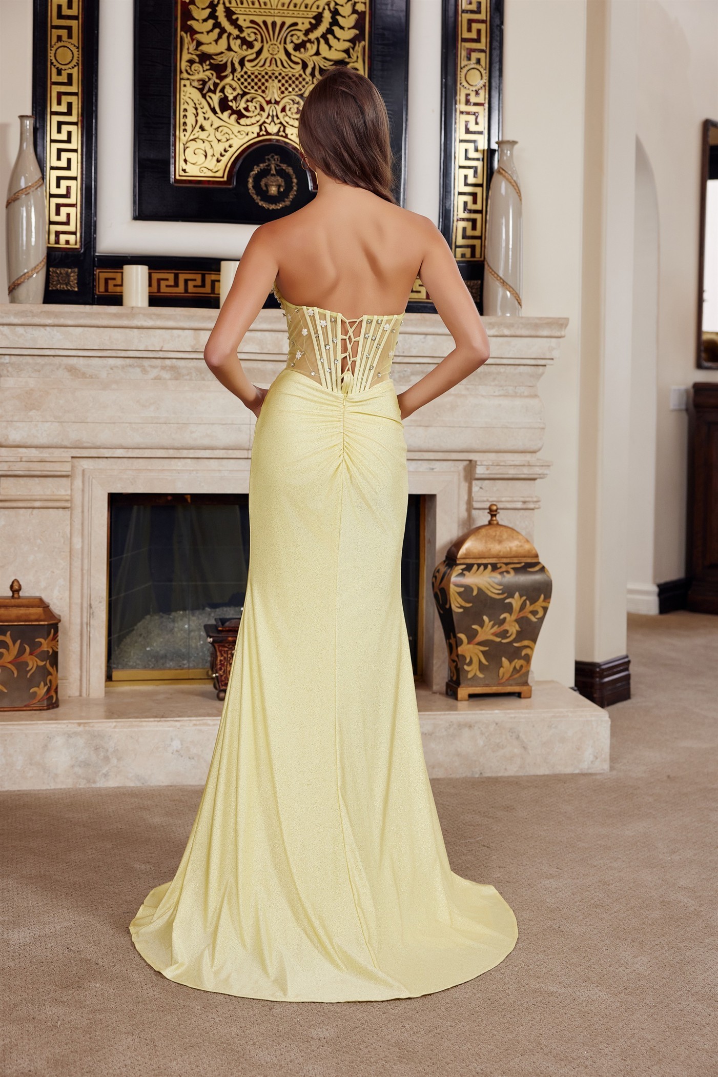 Fully Beaded Bodice Semi Sweetheart Bust Line High Slit Prom Dress #K1736