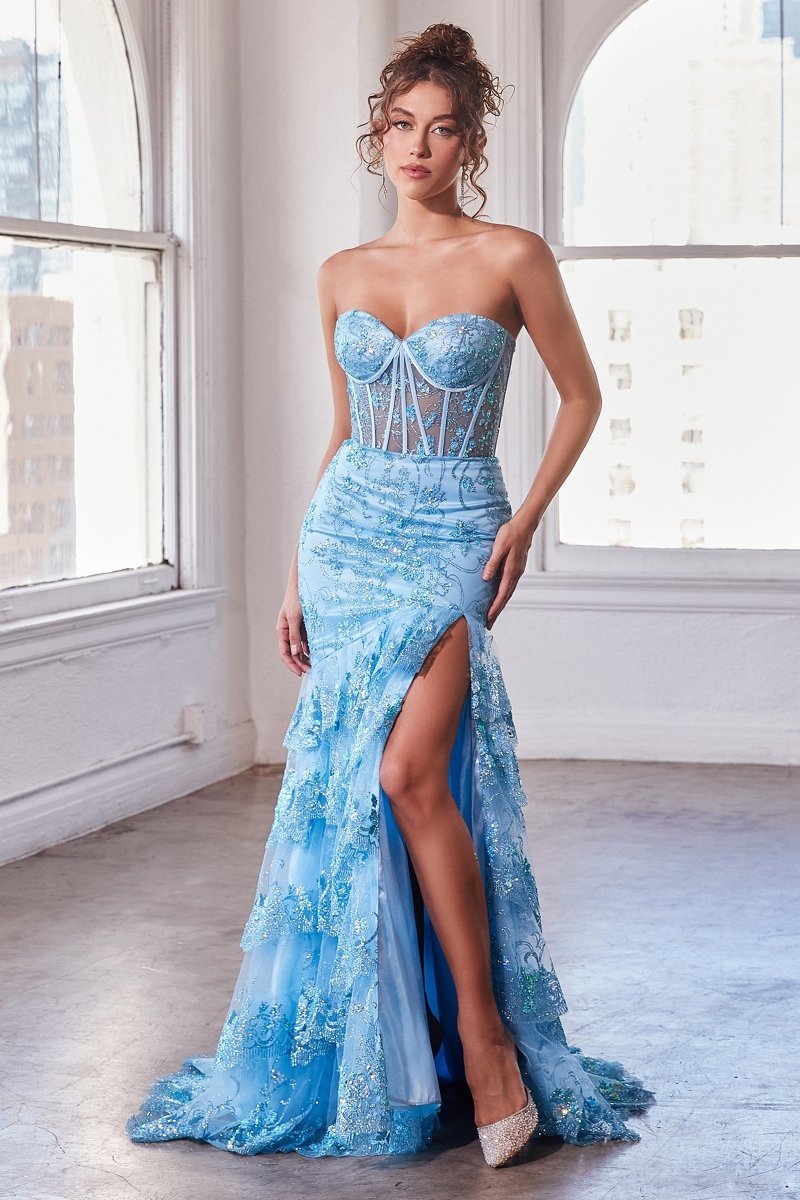 Sweetheart Glitter Floral Printed Strapless Ruffled Mermaid Gown #KV1095