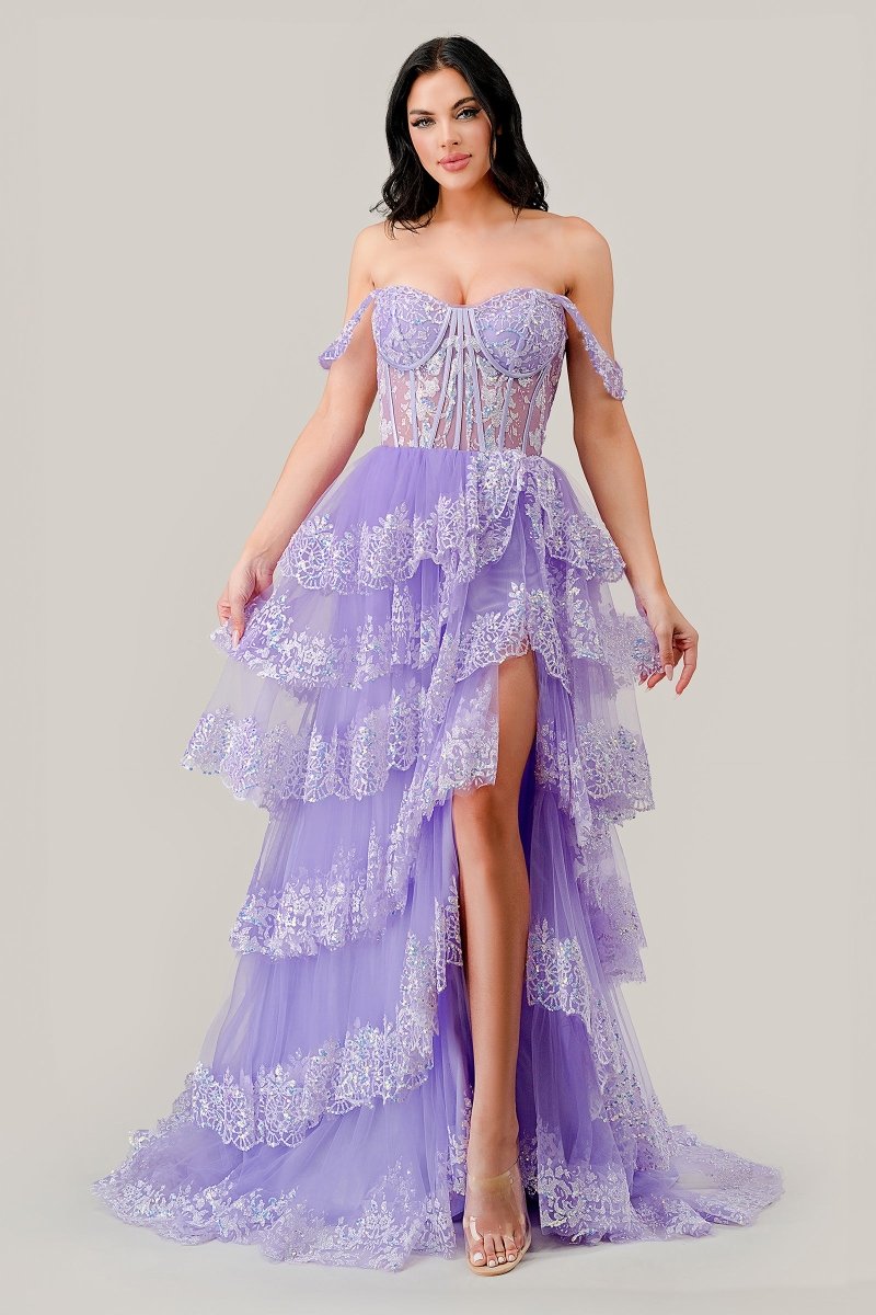 A-Line Strapless Off-The-Shoulder Layered Tiered Ruffles Gown #KV1110