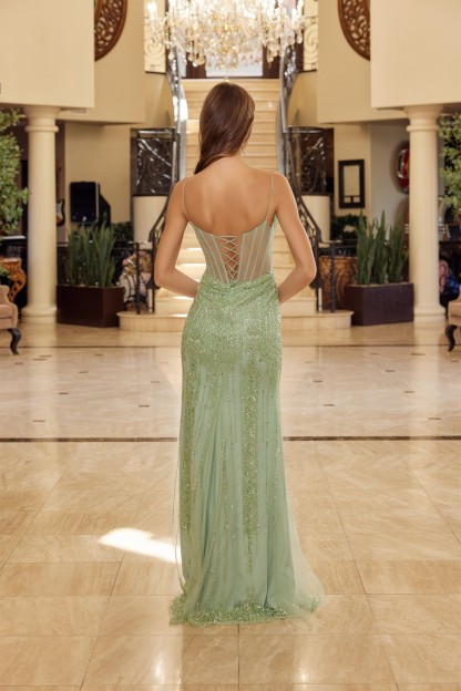 Long Fitted Fully Beaded Tulle Detachable Tail Skirt Prom Dress #N1763