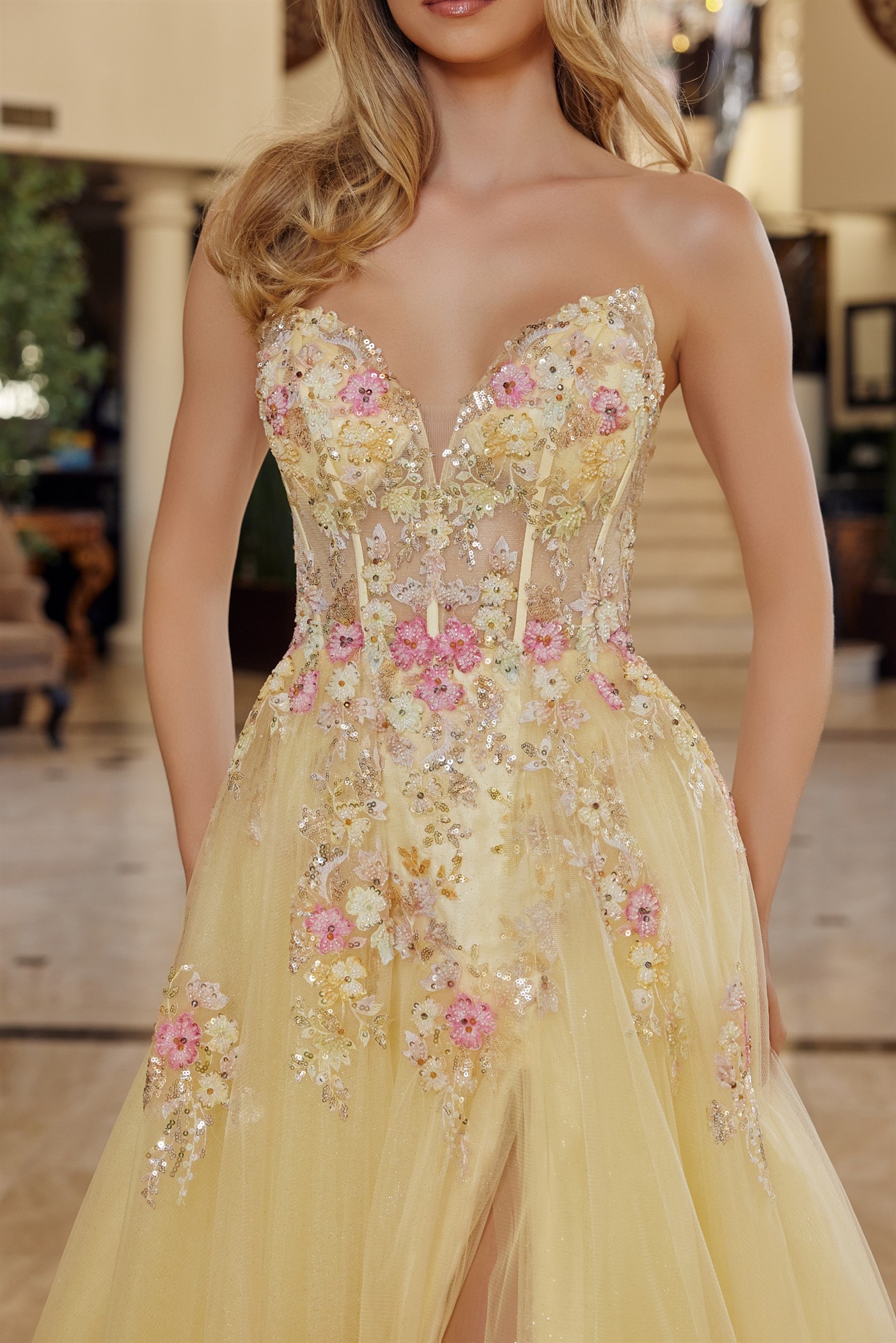 Fit And Flare Long Tulle Gown Plunging V Neckline Prom Dress #Q1773