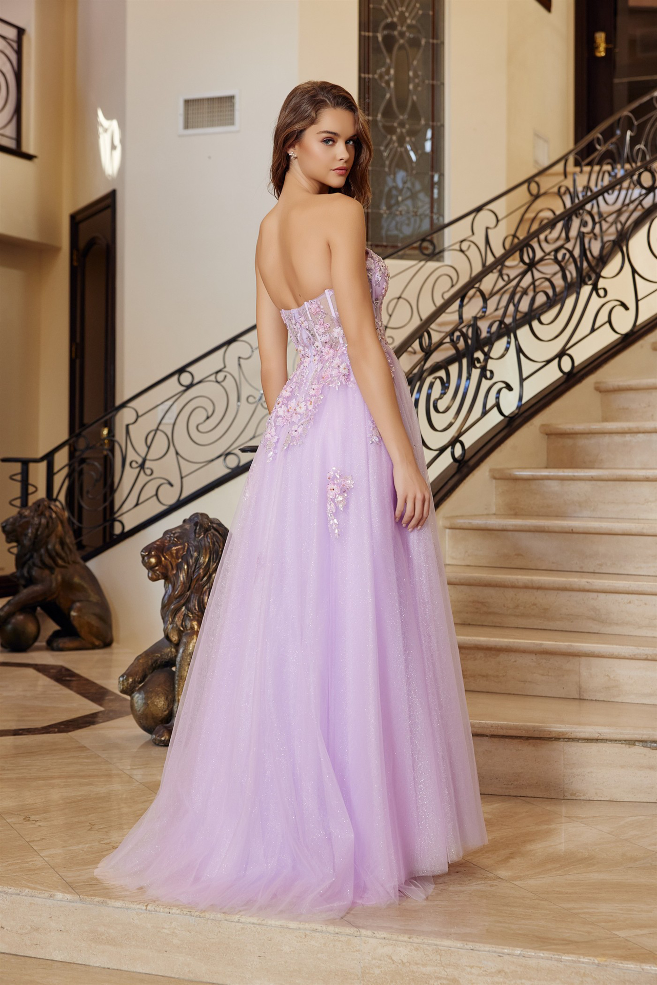 Fit And Flare Long Tulle Gown Plunging V Neckline Prom Dress #Q1773