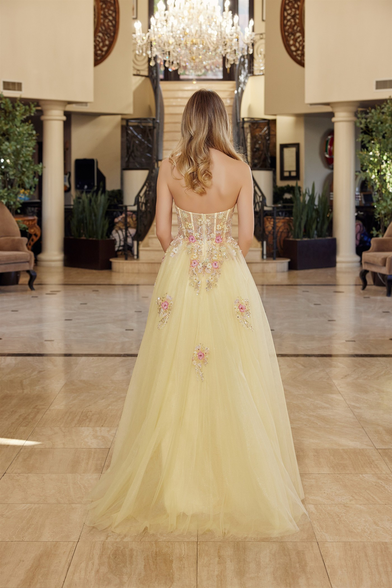 Fit And Flare Long Tulle Gown Plunging V Neckline Prom Dress #Q1773