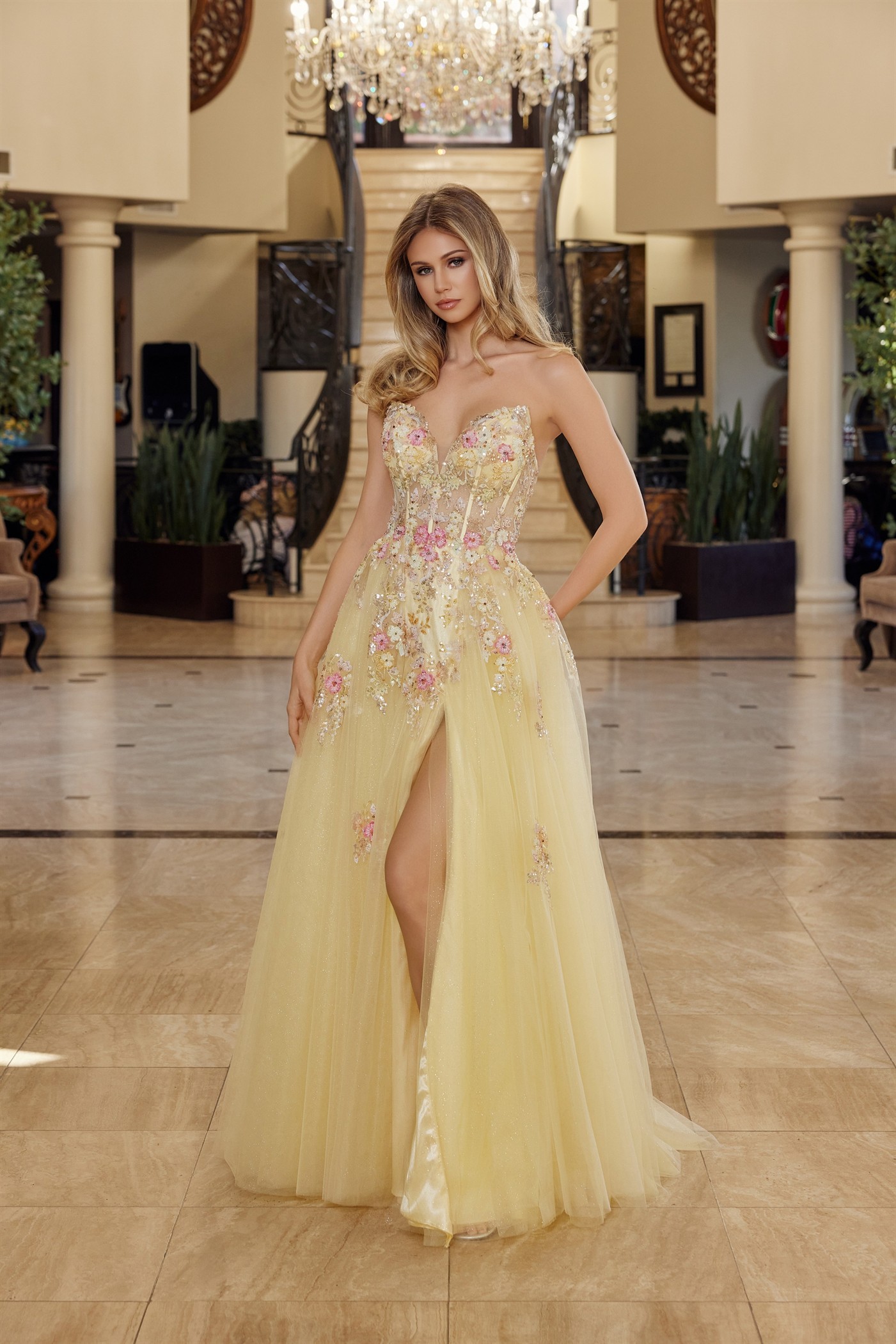 Fit And Flare Long Tulle Gown Plunging V Neckline Prom Dress #Q1773