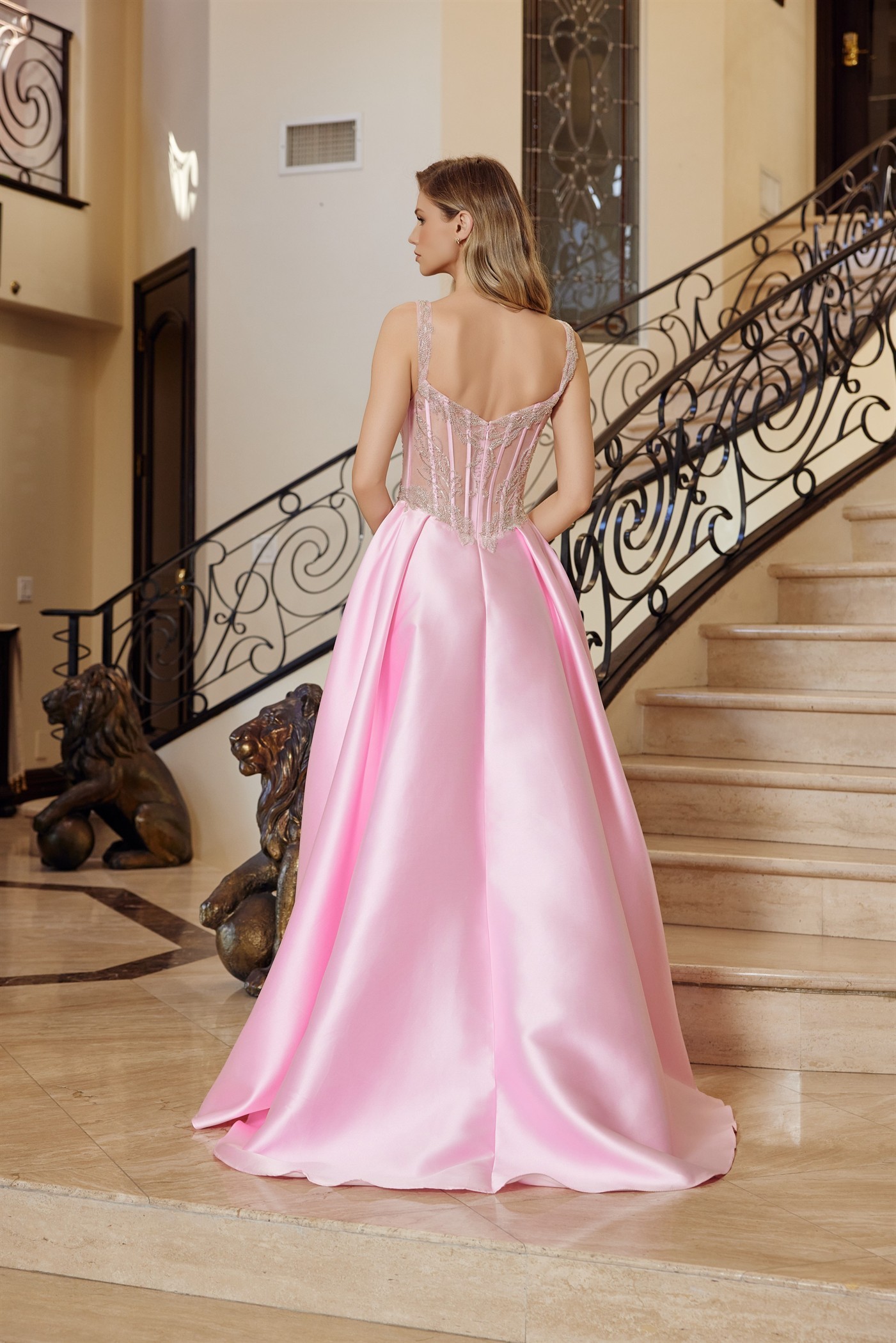 Fit And Flare Long Satin Gown Adorned With Silver Stones Prom Dress #Q1775