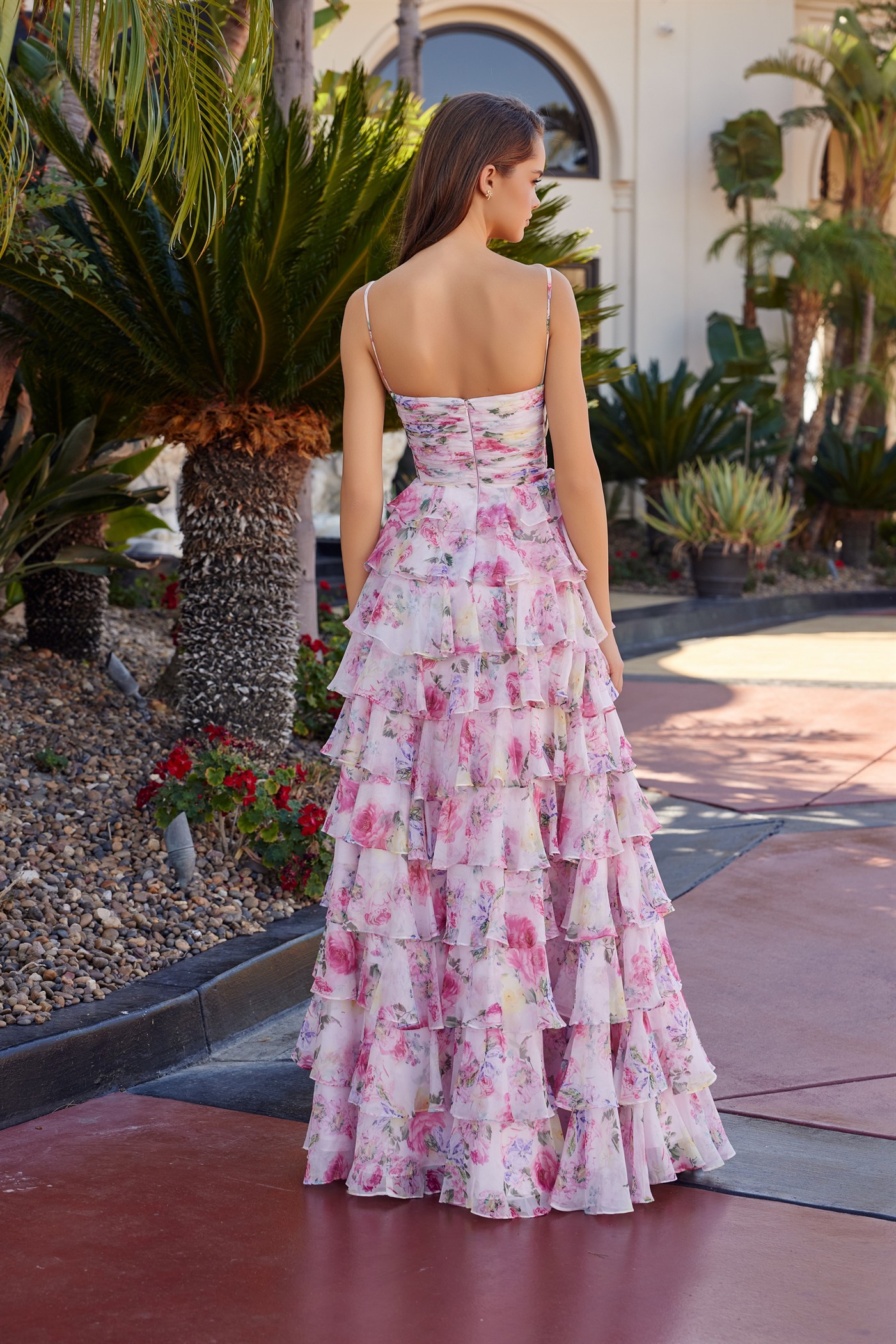 Floral Print A Line Gown Straight Across Pleaded Bustline Prom Dress #Q1777