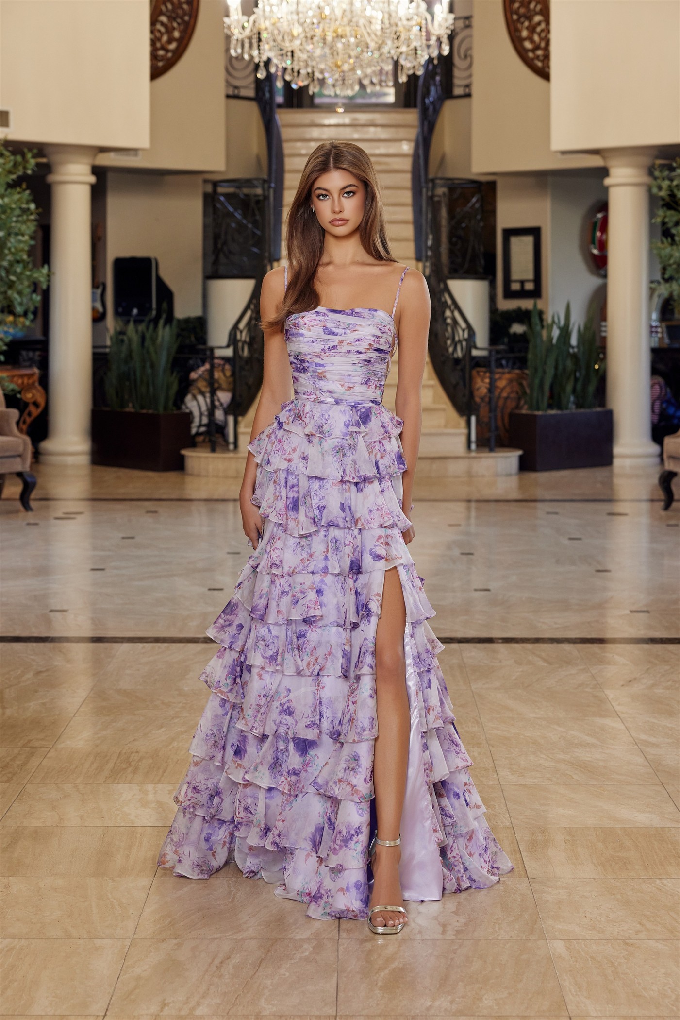 Floral Print A Line Gown Straight Across Pleaded Bustline Prom Dress #Q1777