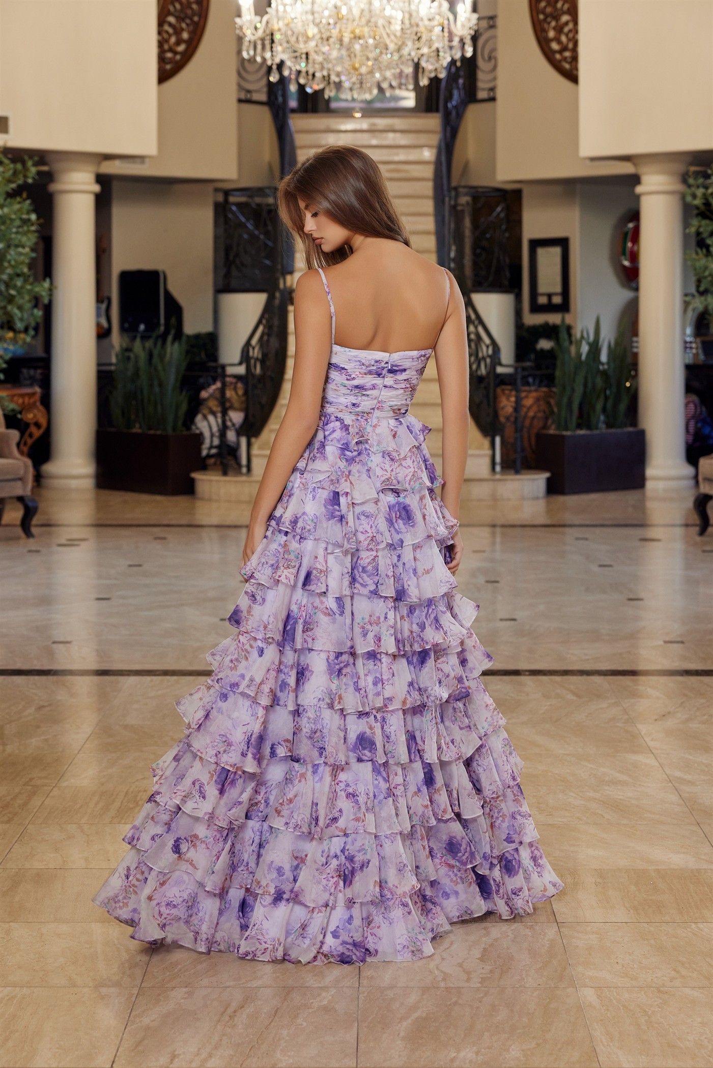 Floral Print A Line Gown Straight Across Pleaded Bustline Prom Dress #Q1777