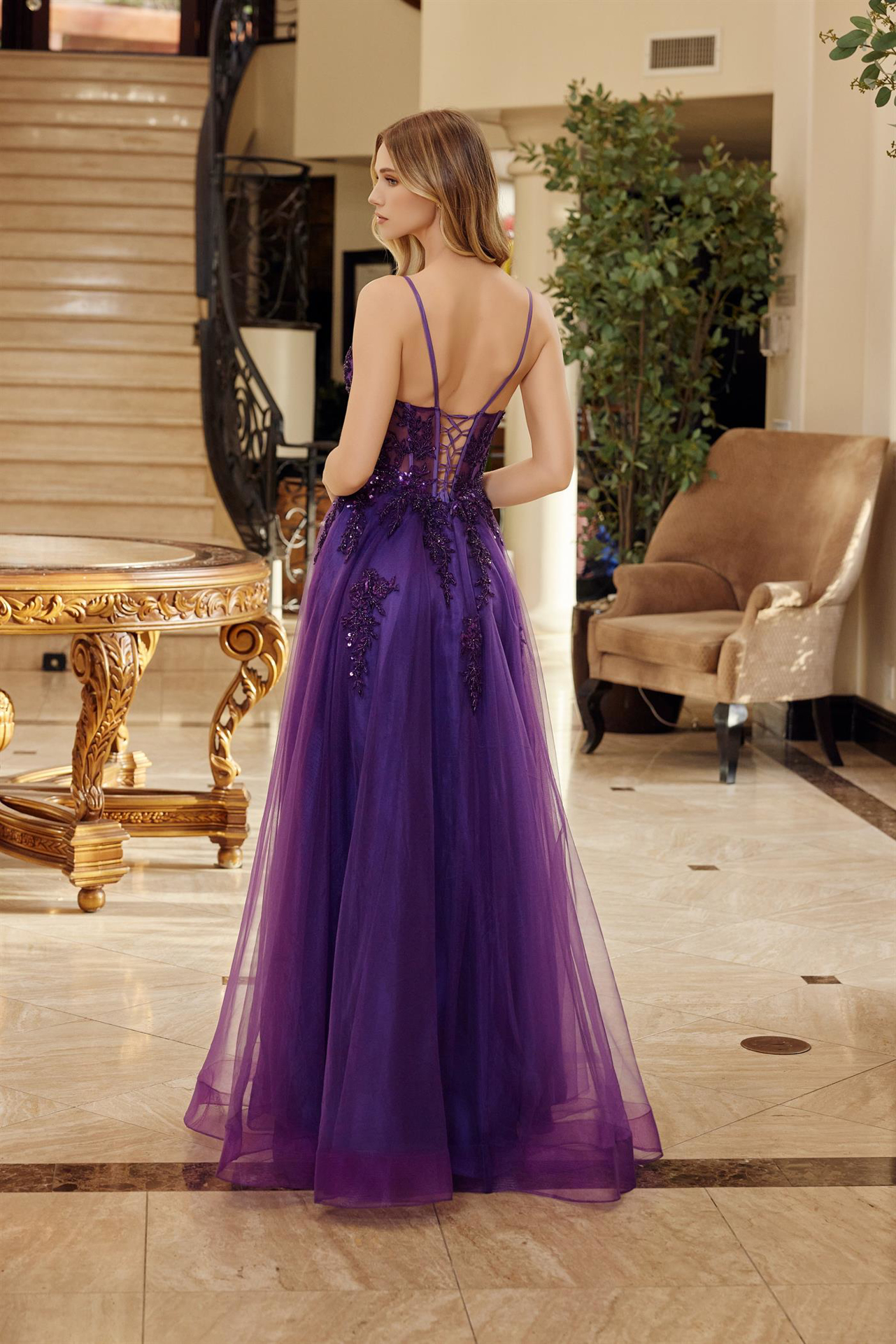 Fit And Flare Long Tulle Gown With A V Neckline Thin Straps Prom Dress #Q1778