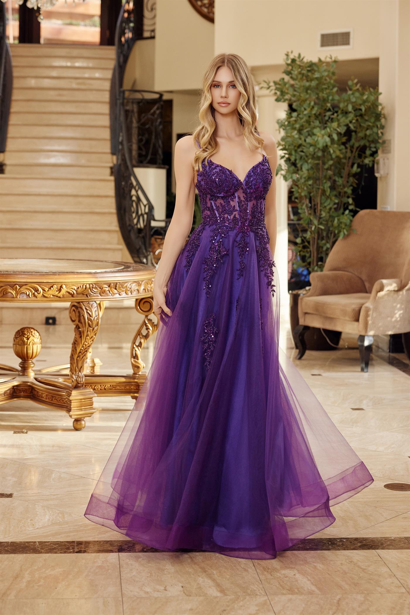 Fit And Flare Long Tulle Gown With A V Neckline Thin Straps Prom Dress #Q1778