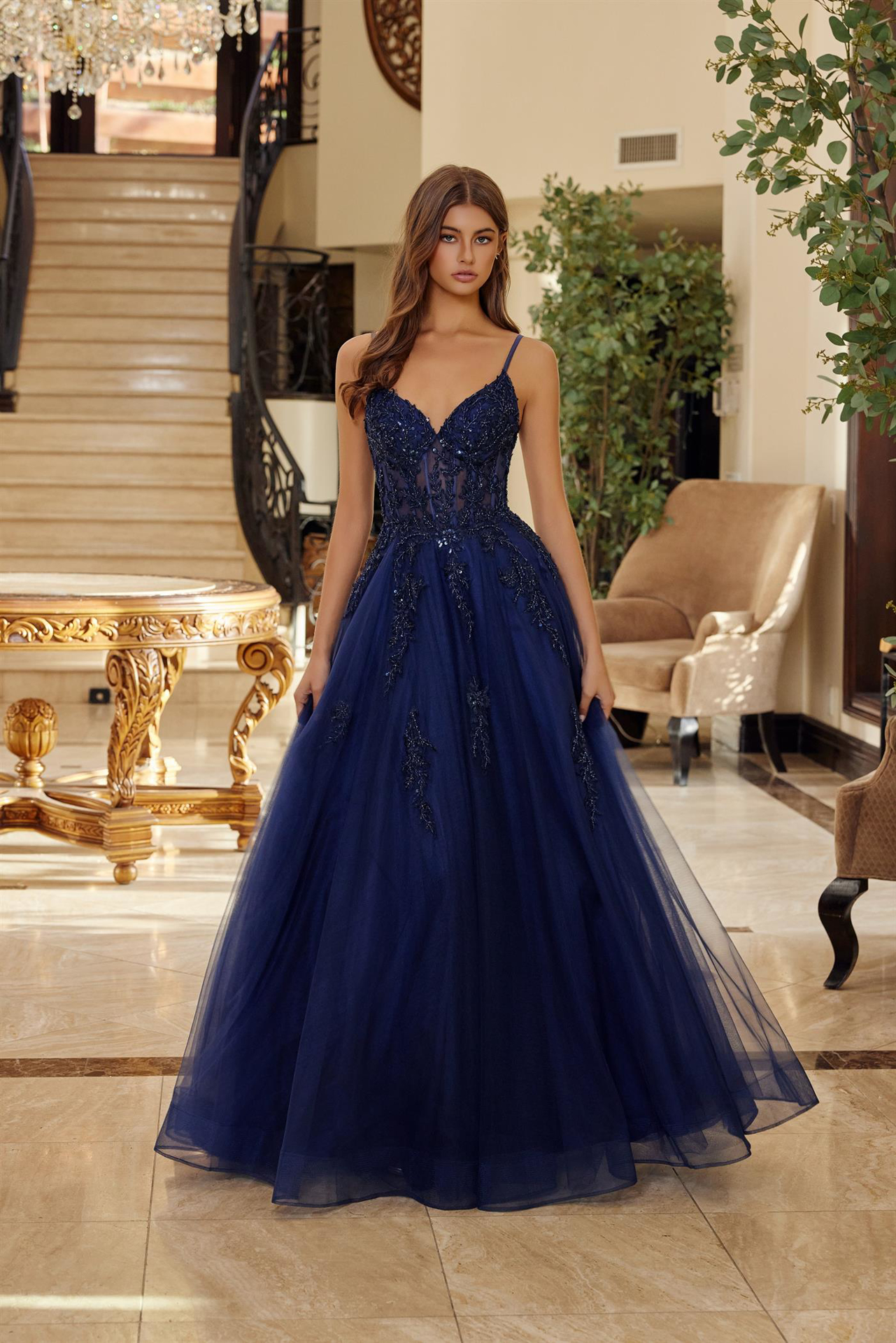 Fit And Flare Long Tulle Gown With A V Neckline Thin Straps Prom Dress #Q1778
