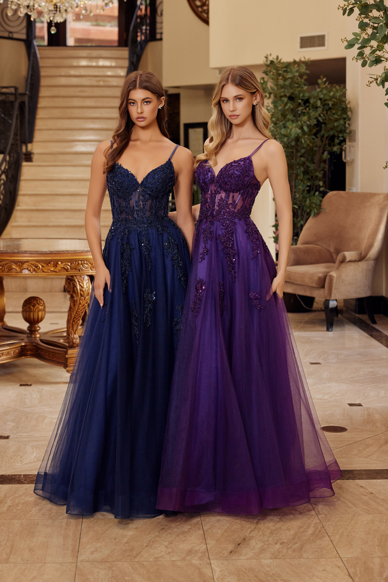 Fit And Flare Long Tulle Gown With A V Neckline Thin Straps Prom Dress #Q1778