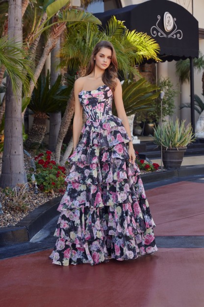 Floral Print Long A Line Gown Strapless Sweetheart Bustline Prom Dress #Q1779
