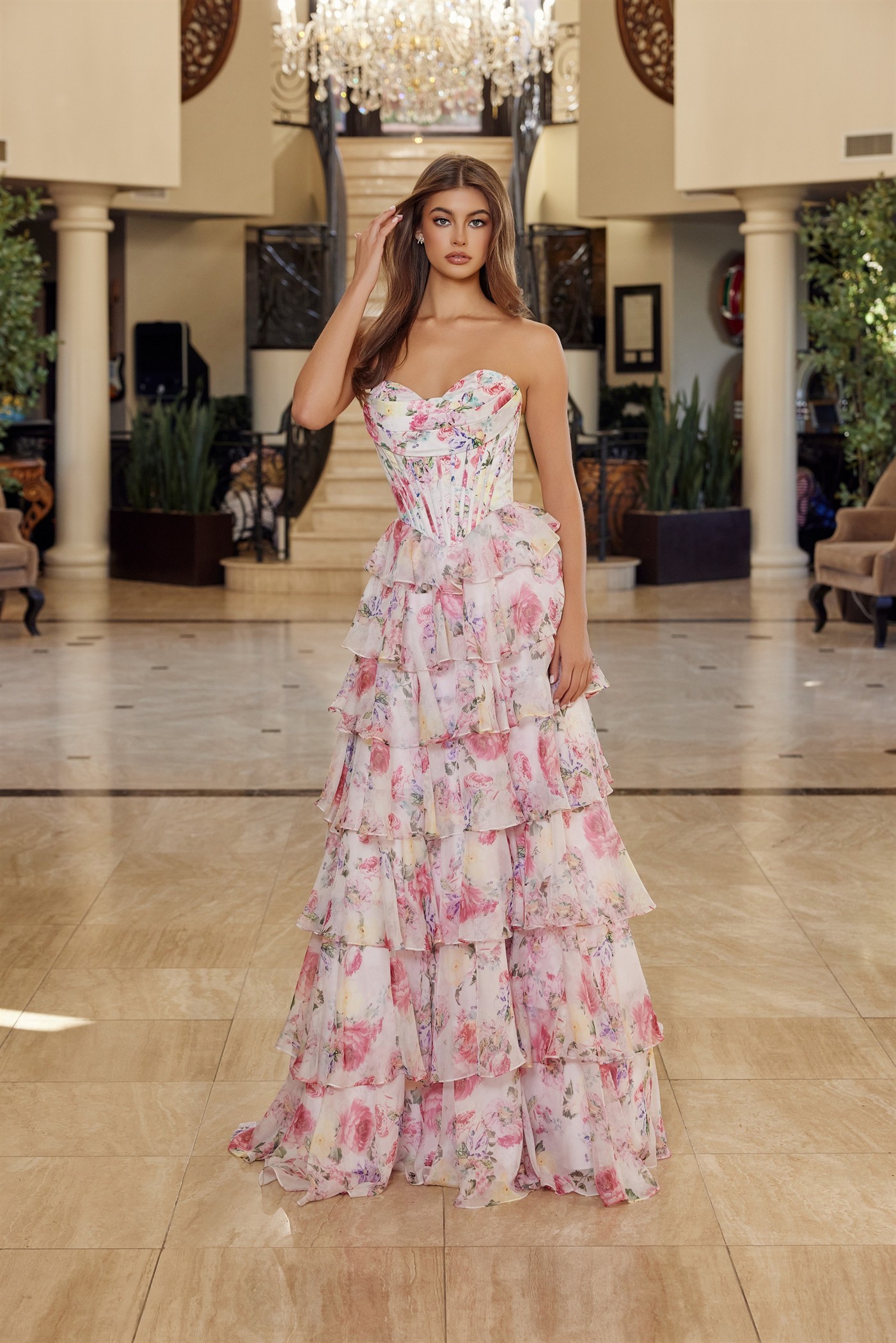 Floral Print Long A Line Gown Strapless Sweetheart Bustline Prom Dress #Q1779