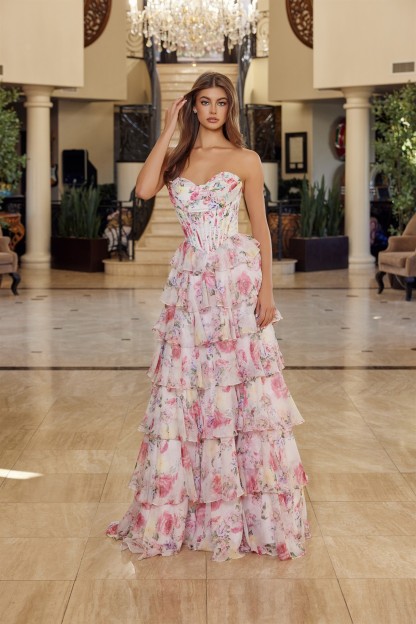 Floral Print Long A Line Gown Strapless Sweetheart Bustline Prom Dress #Q1779
