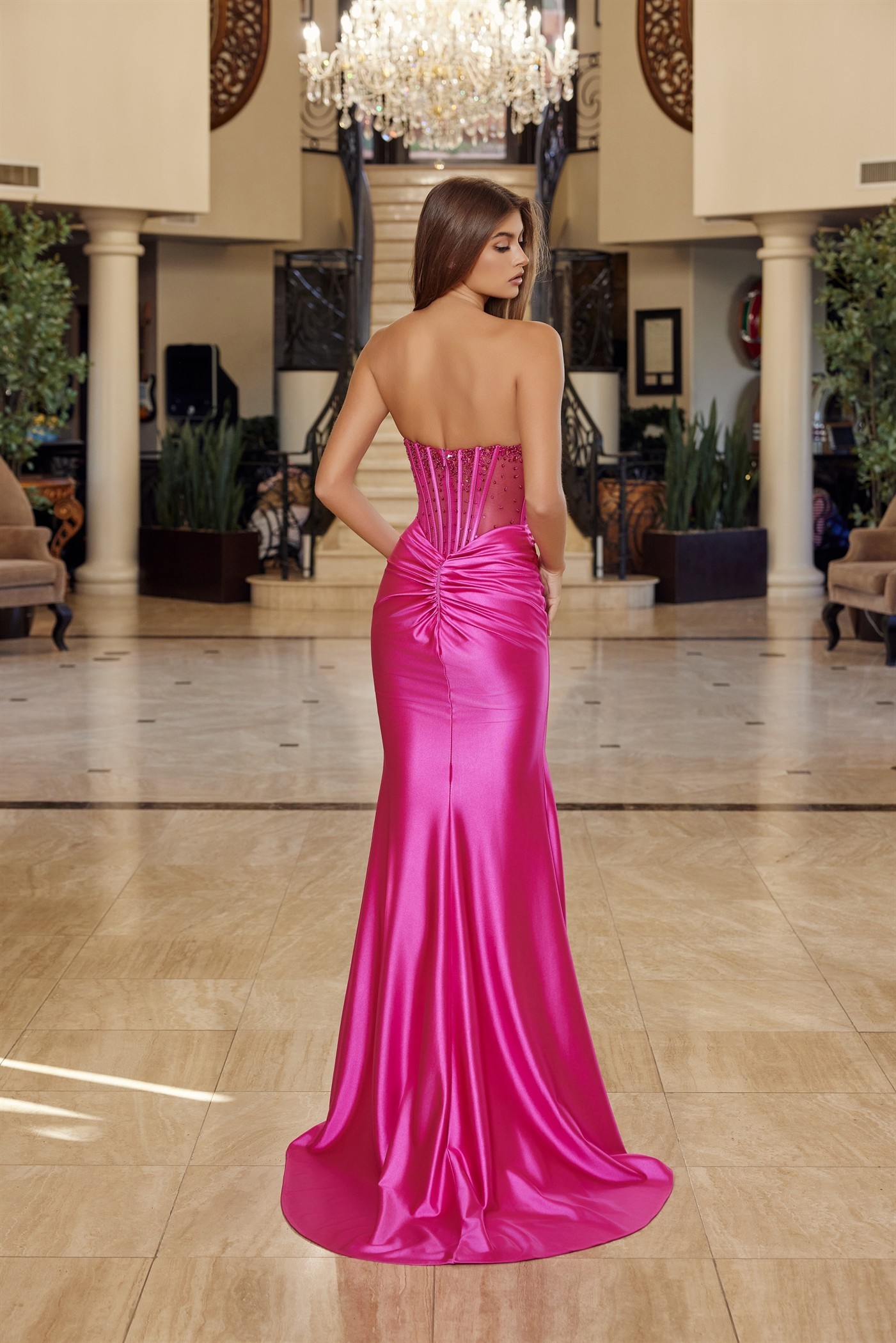 Shiny Satin Strapless V Neckline With Full Beaded Bustline Prom Dress #R1812