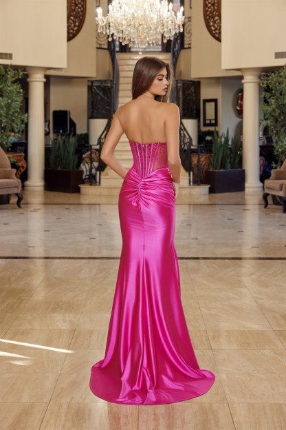 Shiny Satin Strapless V Neckline With Full Beaded Bustline Prom Dress #R1812