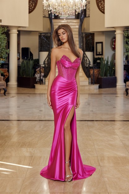 Shiny Satin Strapless V Neckline With Full Beaded Bustline Prom Dress #R1812