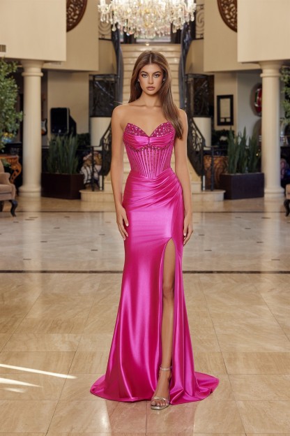 Shiny Satin Strapless V Neckline With Full Beaded Bustline Prom Dress #R1812