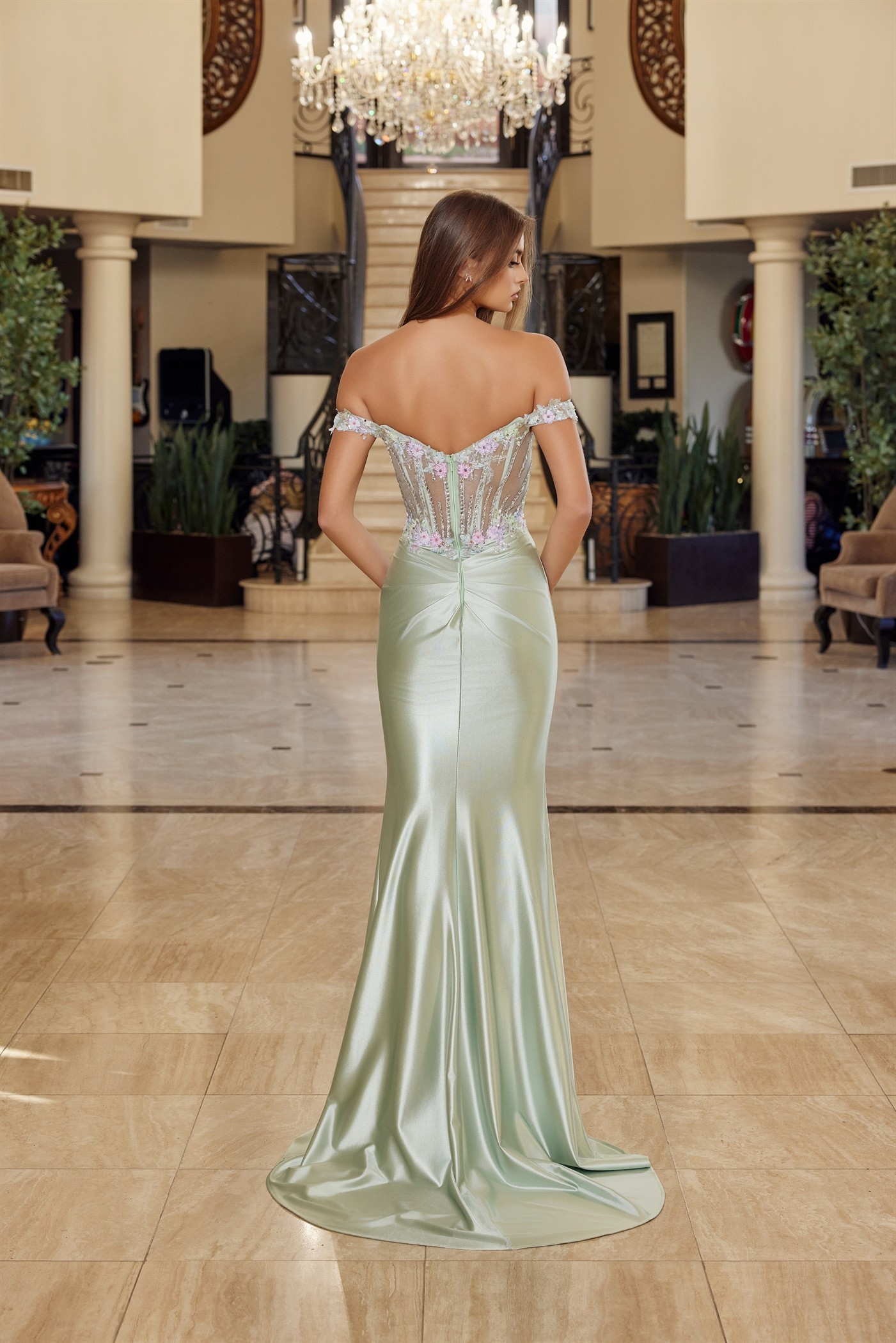 Off The Shoulder Straps Shiny Satin Sweetheart Bust Line Prom Dress #R1814