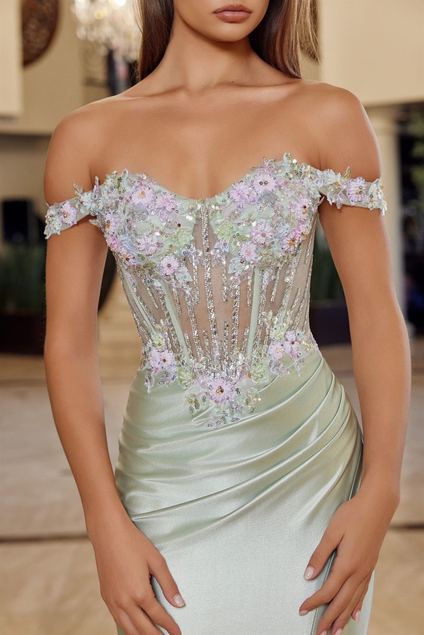 Off The Shoulder Straps Shiny Satin Sweetheart Bust Line Prom Dress #R1814