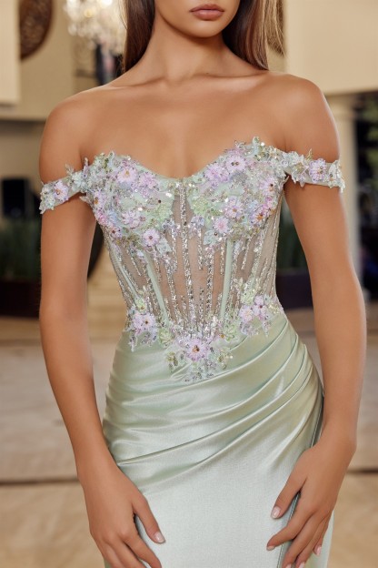 Off The Shoulder Straps Shiny Satin Sweetheart Bust Line Prom Dress #R1814