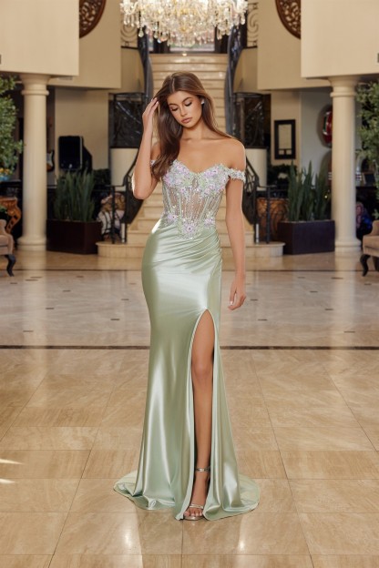 Off The Shoulder Straps Shiny Satin Sweetheart Bust Line Prom Dress #R1814