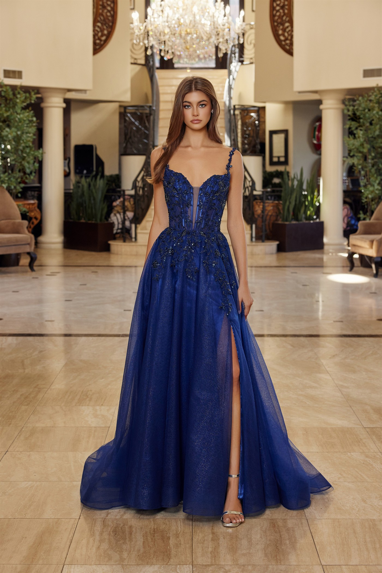 Fit And Flare Long Gown Plunging Neckline Thin Straps Prom Dress #R1824