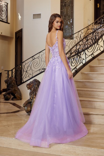 Fit And Flare Long Gown Plunging Neckline Thin Straps Prom Dress #R1824