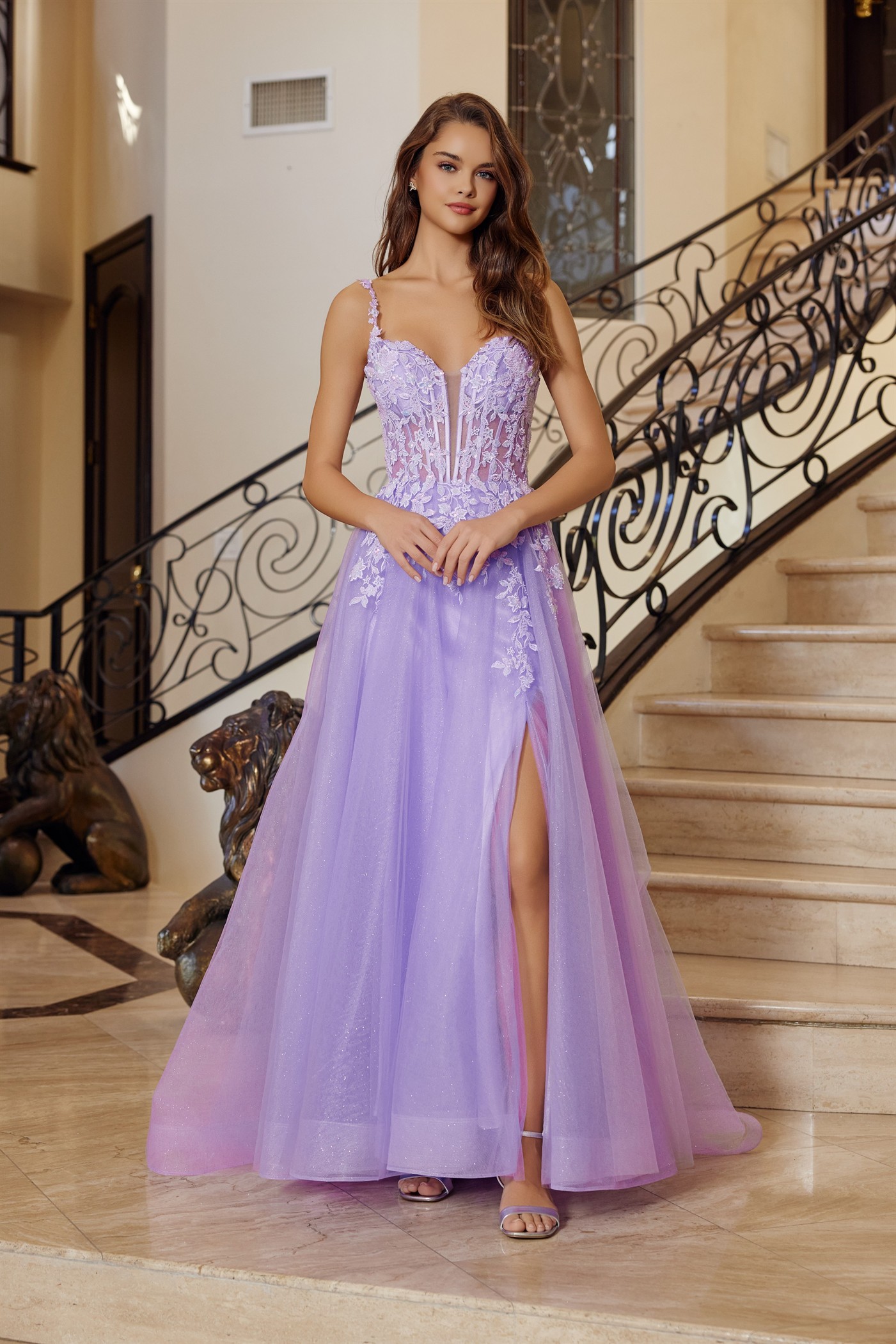 Fit And Flare Long Gown Plunging Neckline Thin Straps Prom Dress #R1824