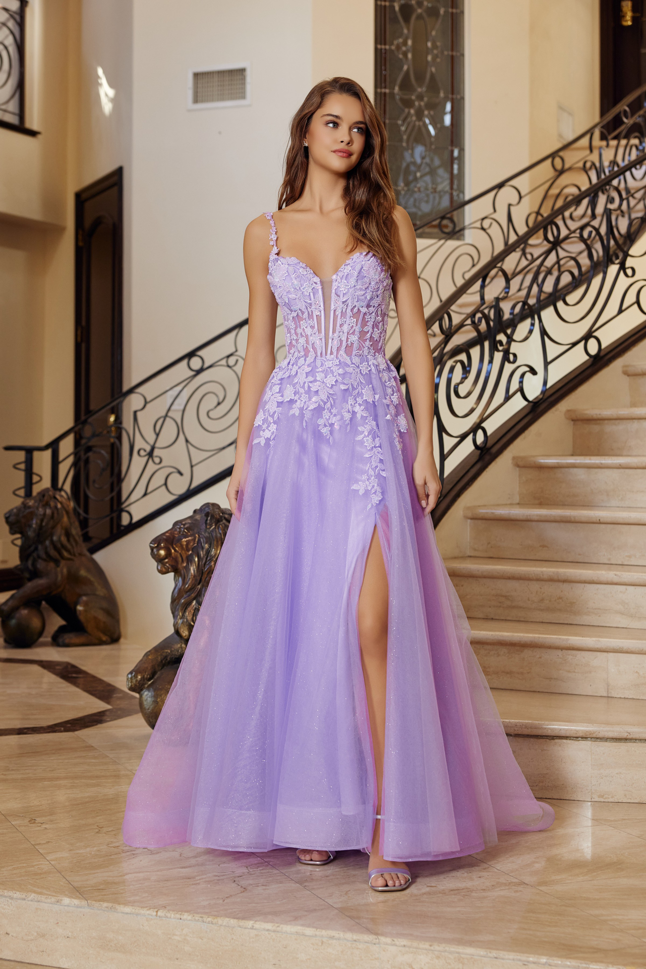 Fit And Flare Long Gown Plunging Neckline Thin Straps Prom Dress #R1824