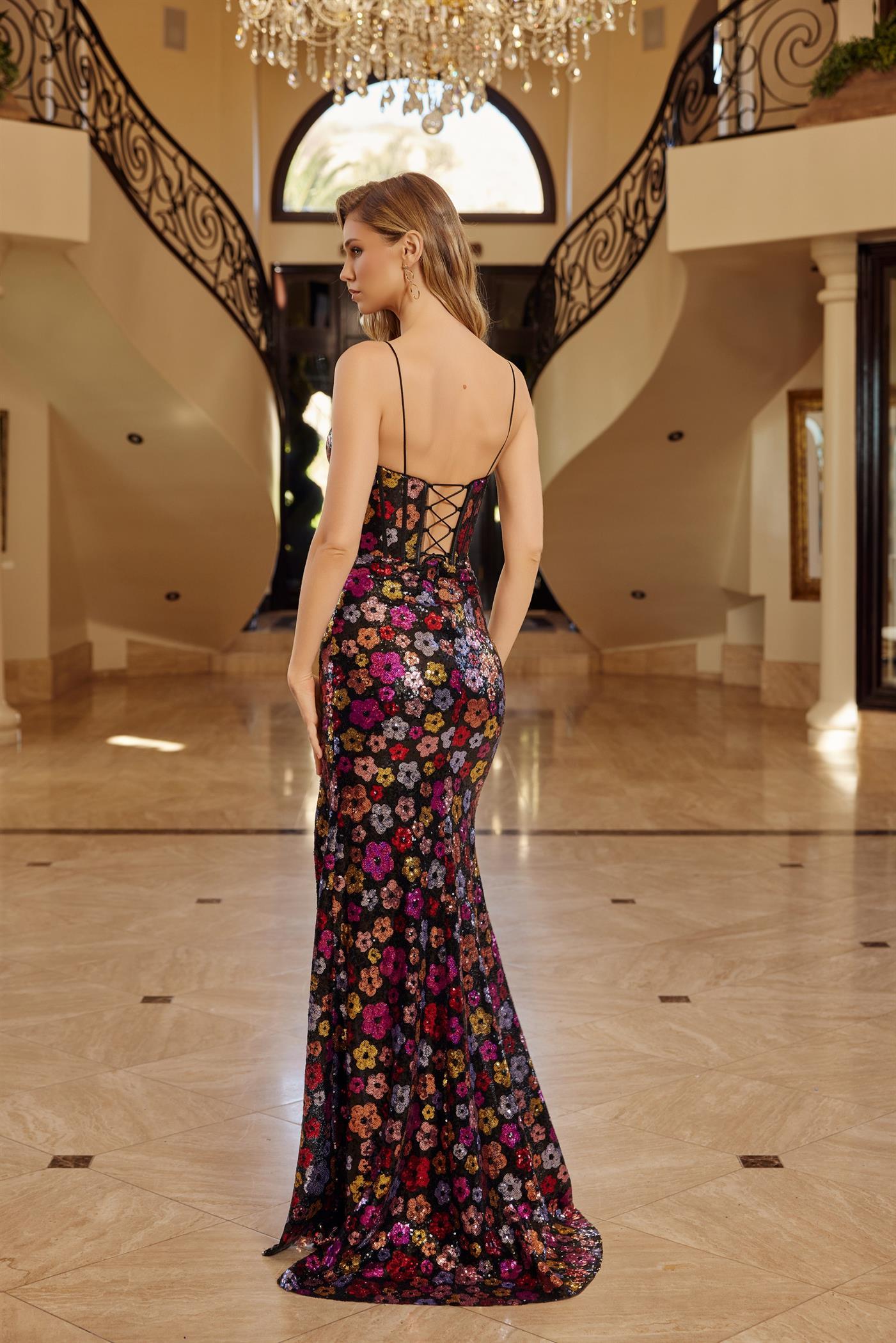 Floral Sequin Applique Design Sweetheart Top Spaghetti Straps Prom Dress #T1511