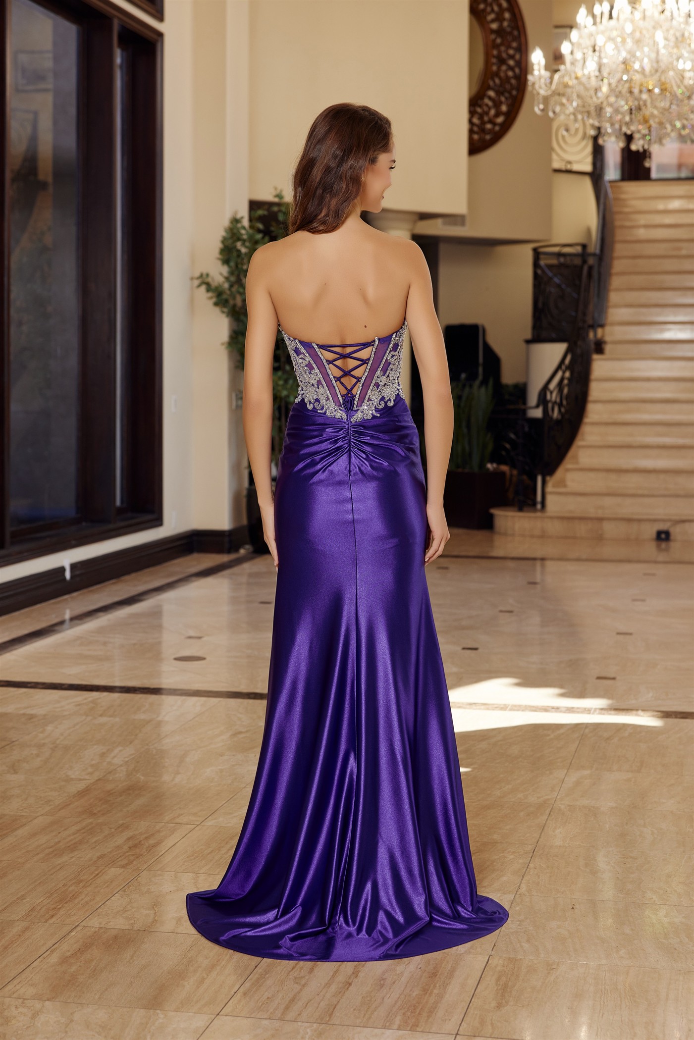 Shiny Satin Long Strapless Fit Plunging Bustline Prom Dress #T1854