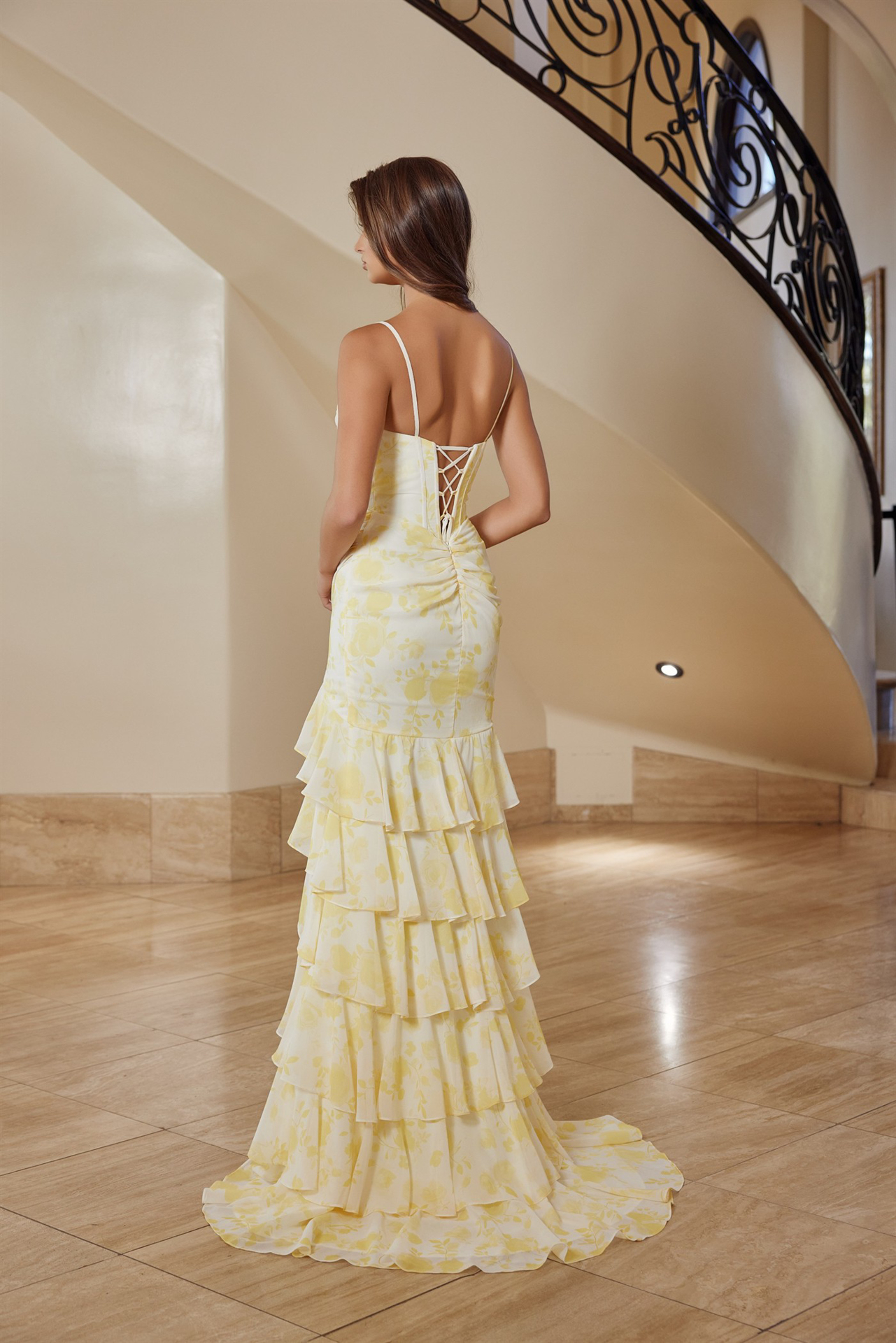 Long Fit And Flare Chiffon Material Thin Strap Prom Dress #T1863