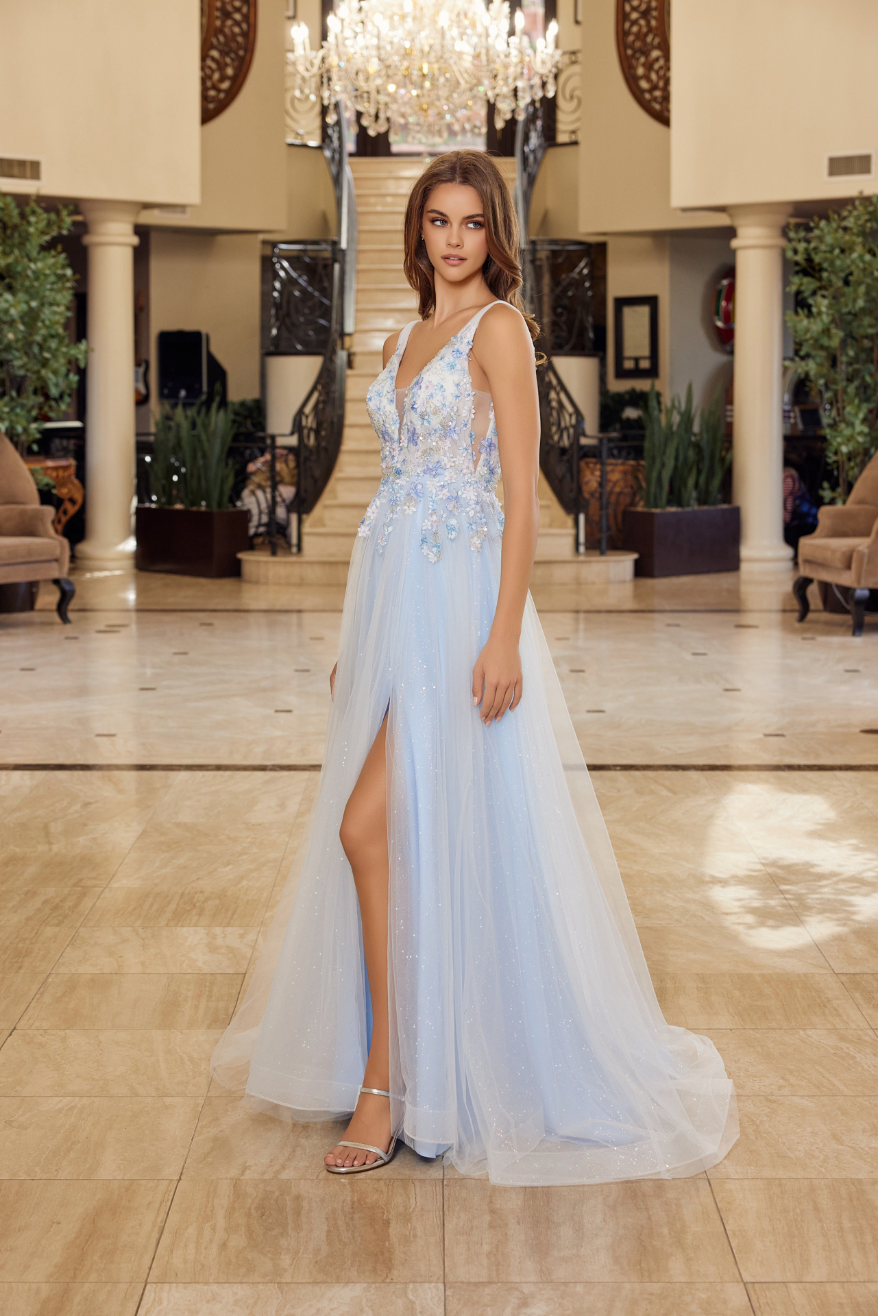 Full Flower Embroidered Bodice A Line Tulle Material Prom Dress #Y1799