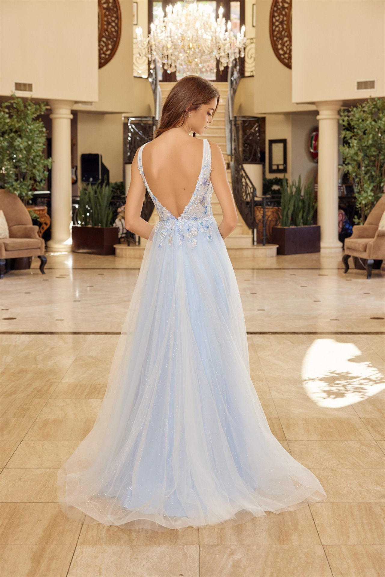 Full Flower Embroidered Bodice A Line Tulle Material Prom Dress #Y1799
