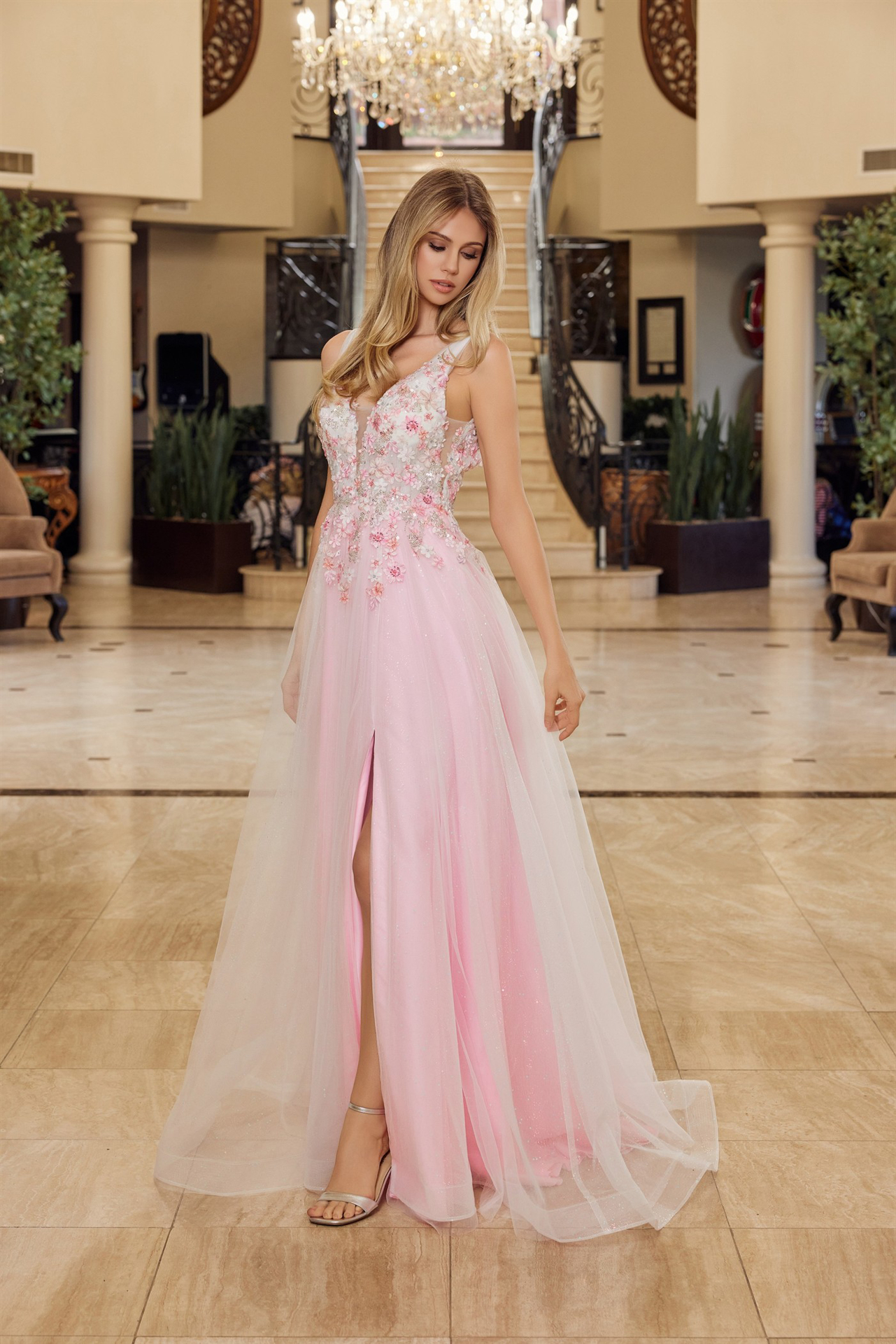 Full Flower Embroidered Bodice A Line Tulle Material Prom Dress #Y1799