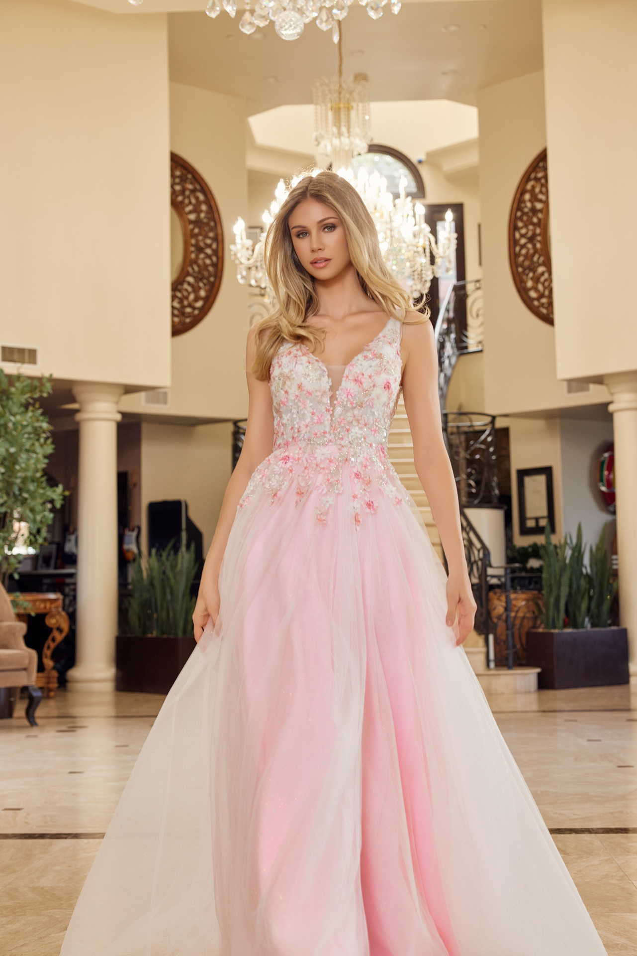 Full Flower Embroidered Bodice A Line Tulle Material Prom Dress #Y1799
