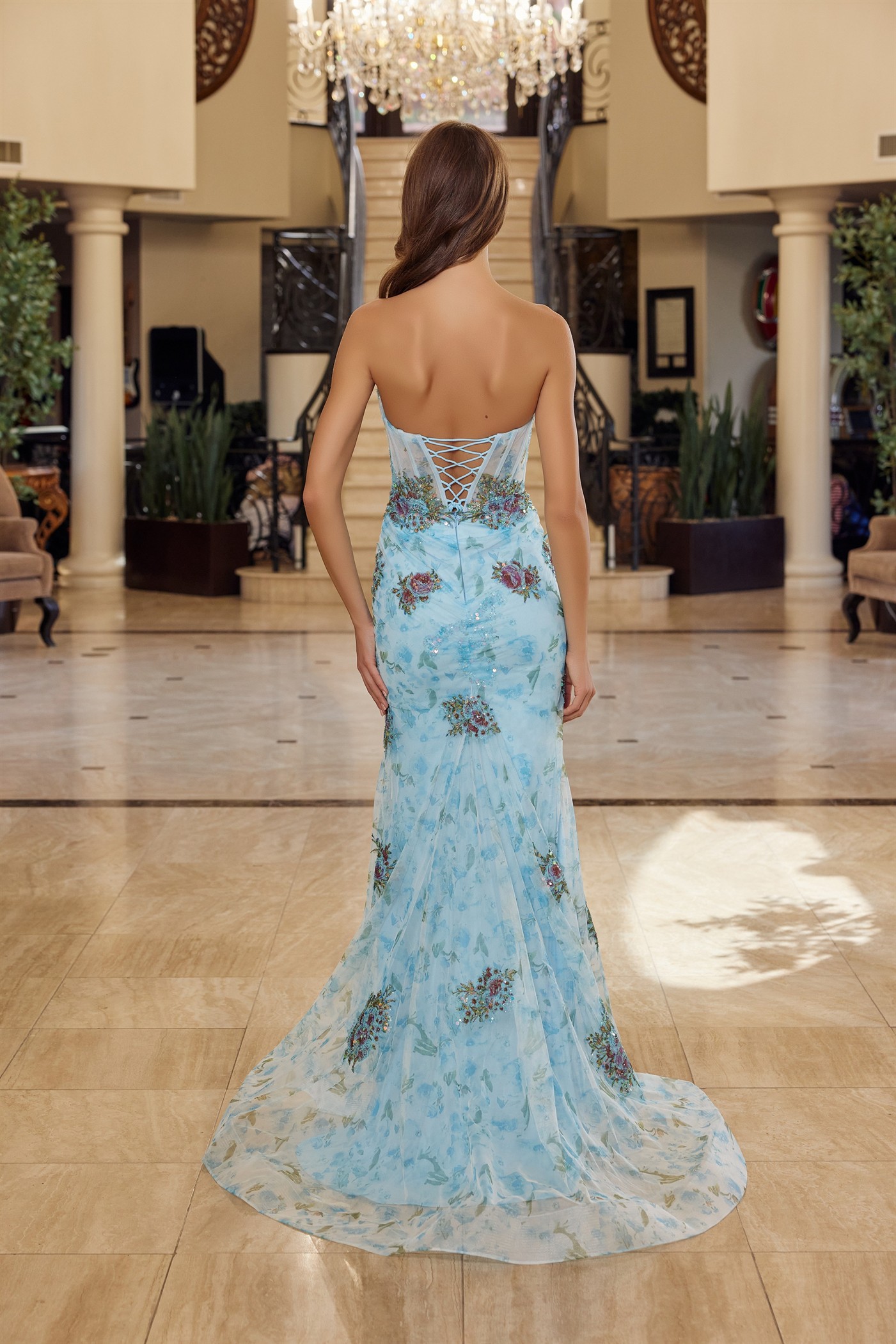 Flower Embroidered Strapless Tulle Material Prom Dress #Y1801