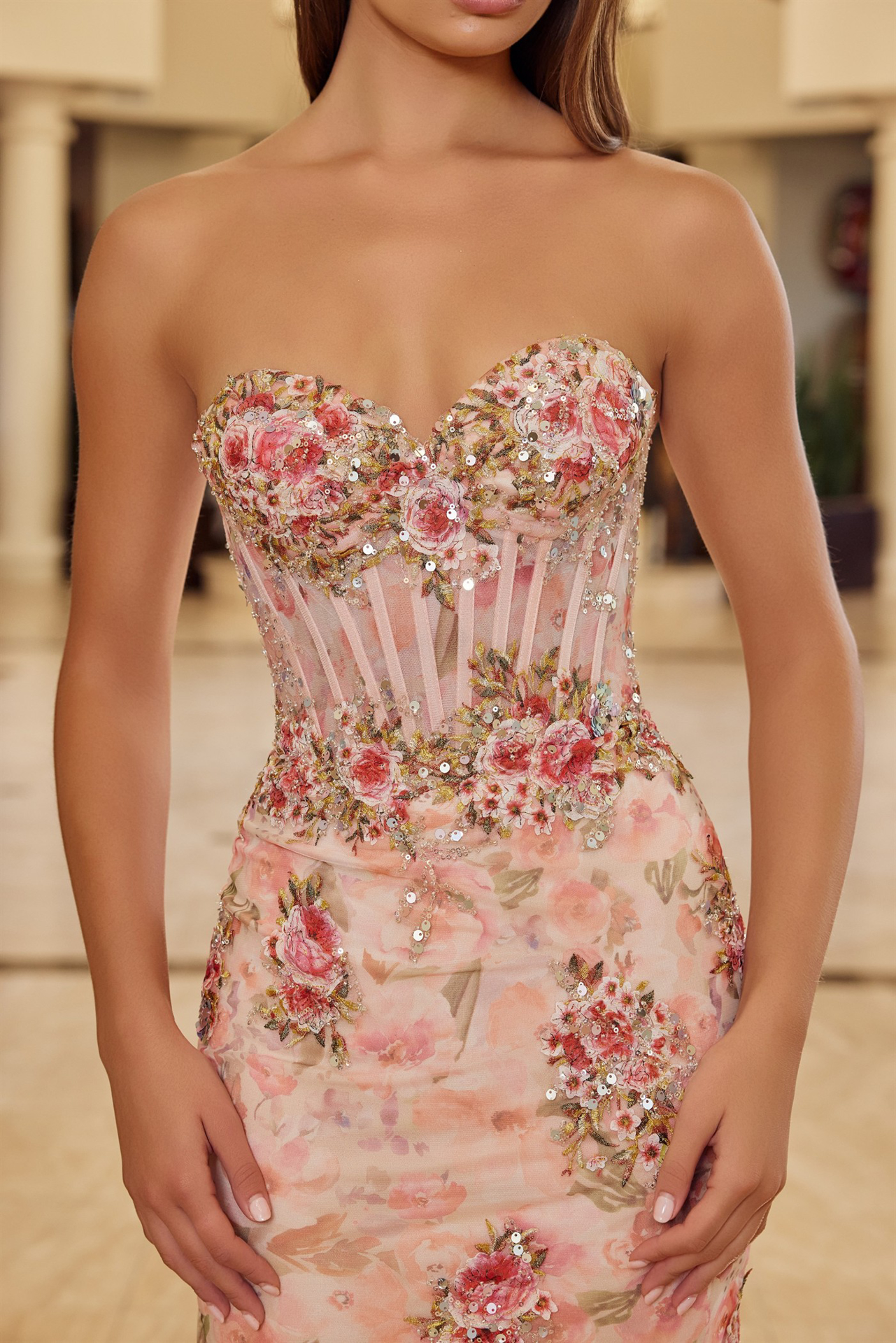 Flower Embroidered Strapless Tulle Material Prom Dress #Y1801