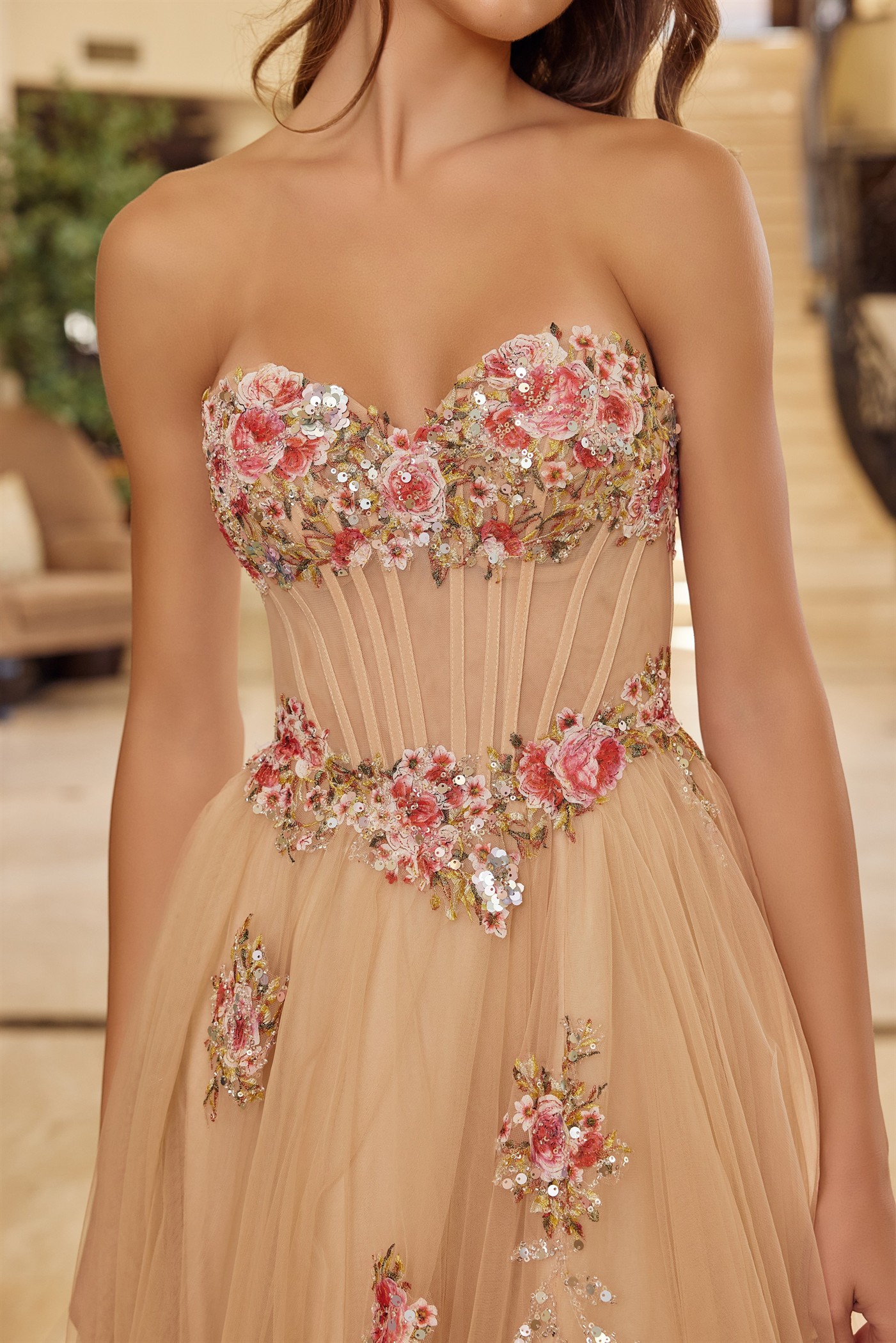 Strapless Tulle Ball Gown With Floral Sequined Embroidery Prom Dress #Y1803