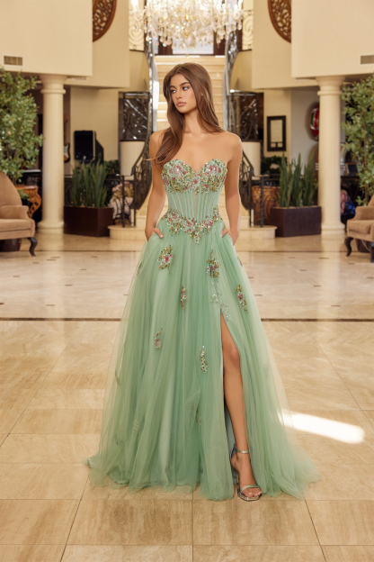 Strapless Tulle Ball Gown With Floral Sequined Embroidery Prom Dress #Y1803