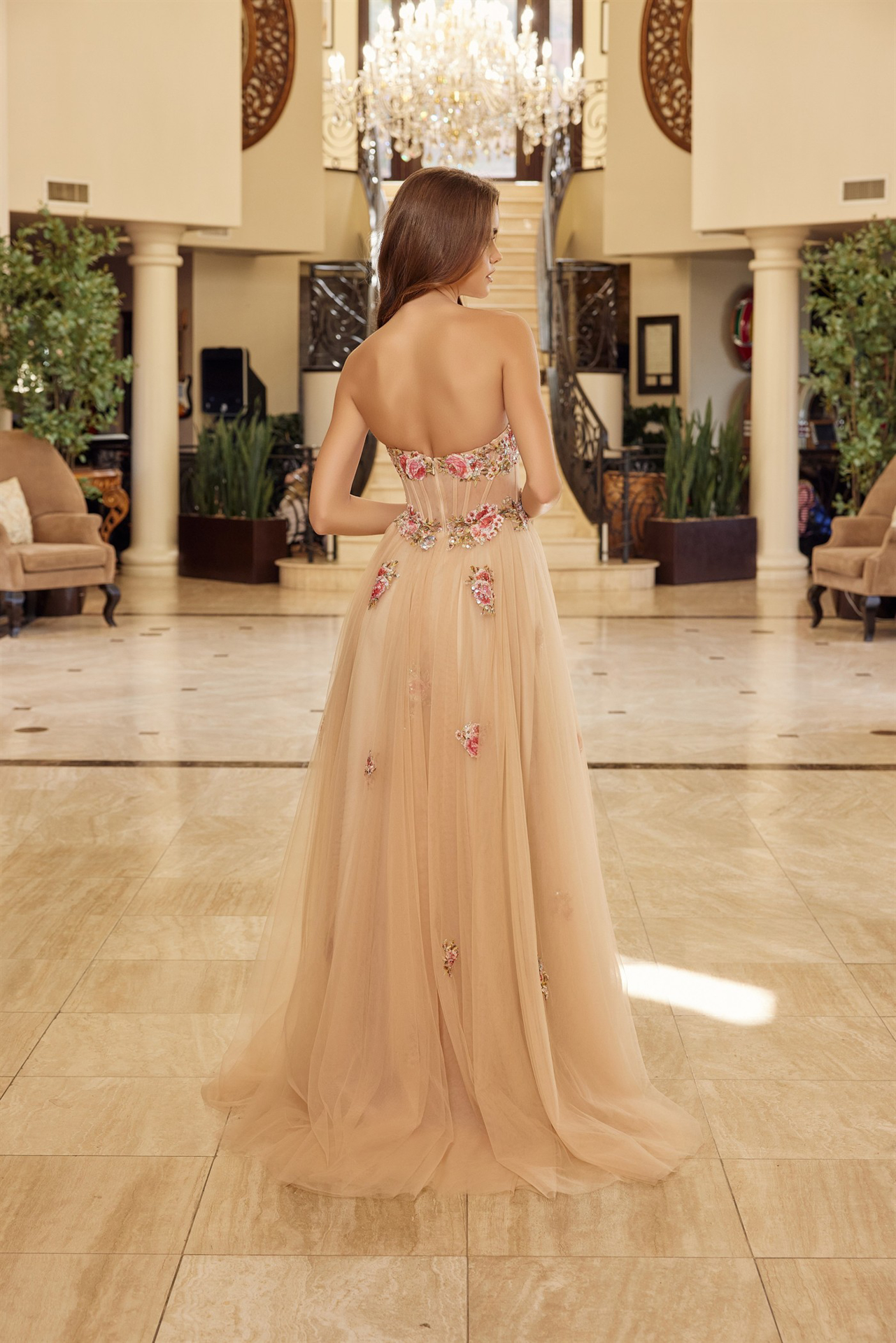 Strapless Tulle Ball Gown With Floral Sequined Embroidery Prom Dress #Y1803