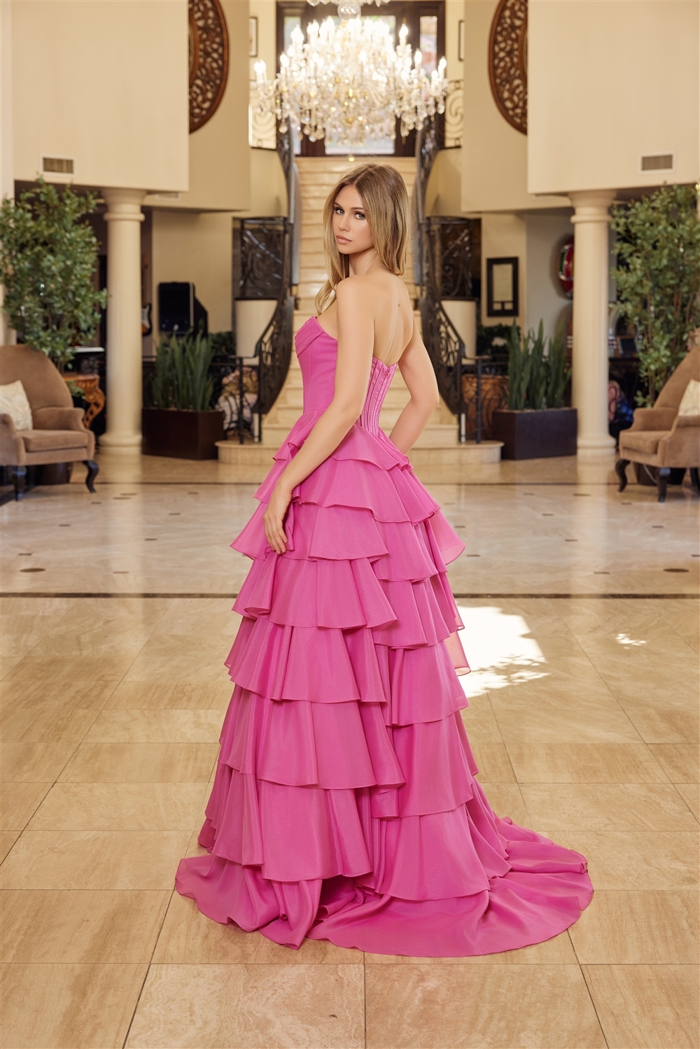 Multilayered Long Ball Gown Sequined Bustline Prom Dress #Y1806