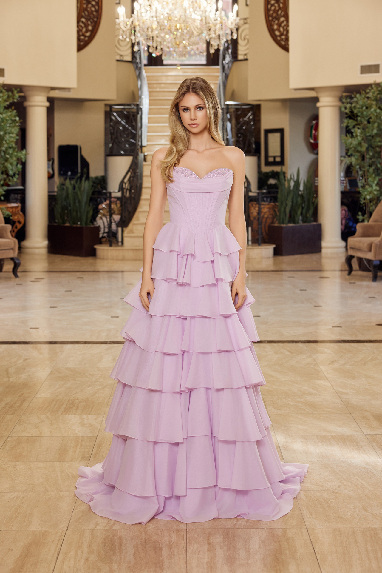 Multilayered Long Ball Gown Sequined Bustline Prom Dress #Y1806