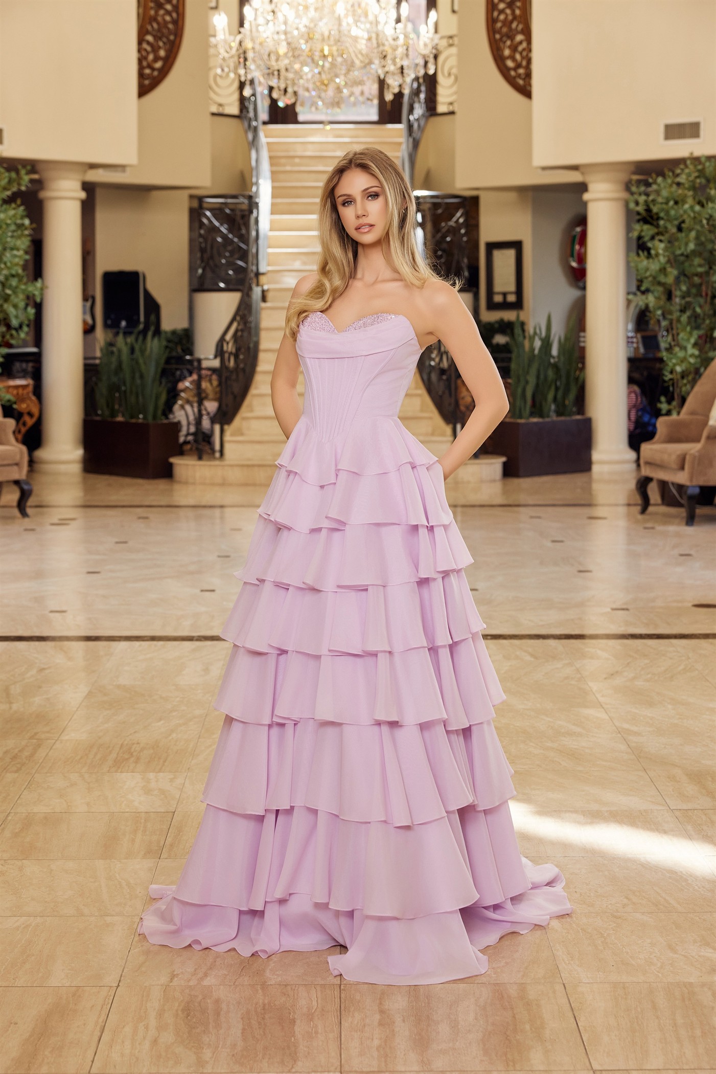 Multilayered Long Ball Gown Sequined Bustline Prom Dress #Y1806